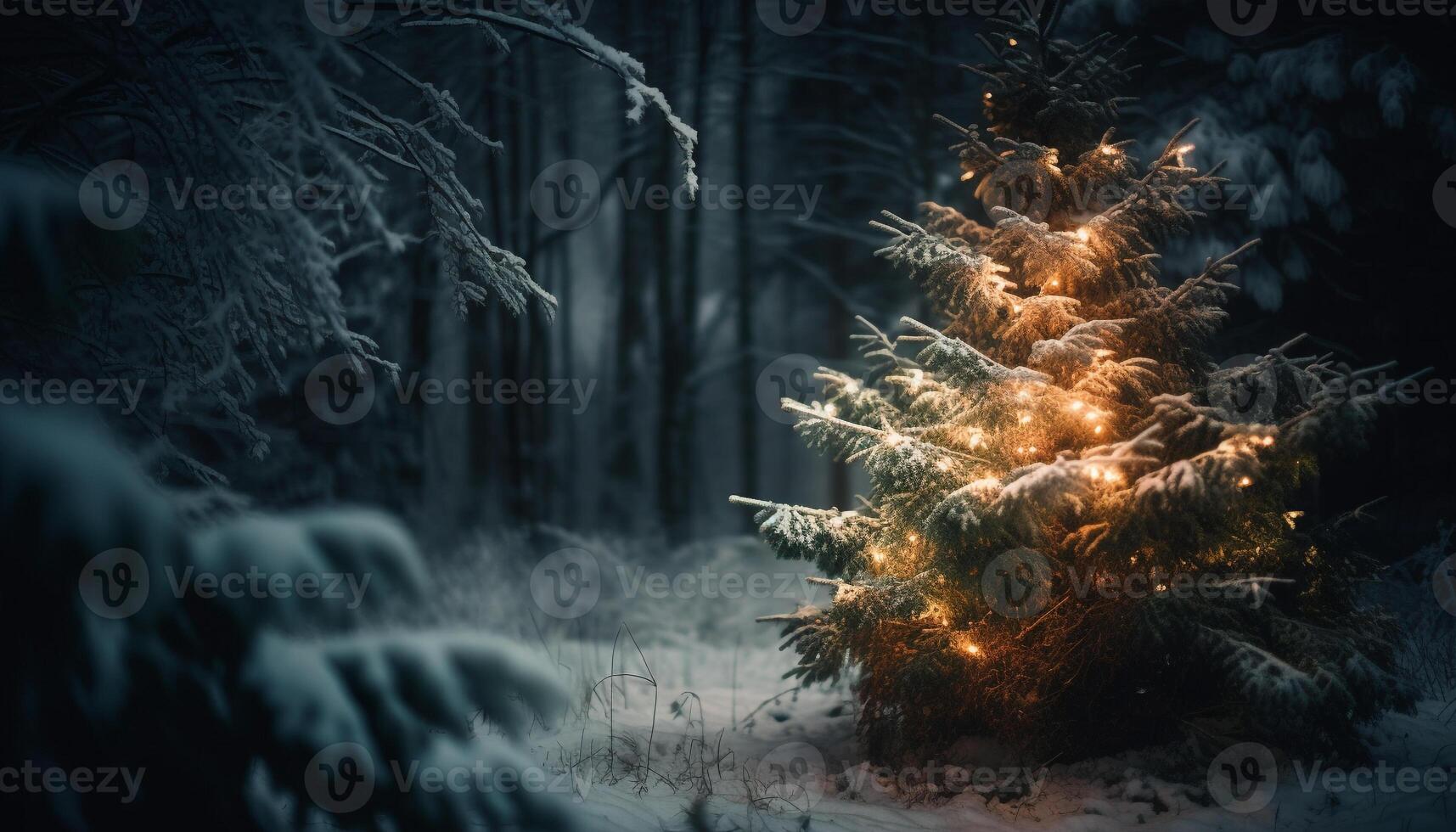 beleuchtet Kiefer Bäume glühen im Winter Wunderland generiert durch ai foto