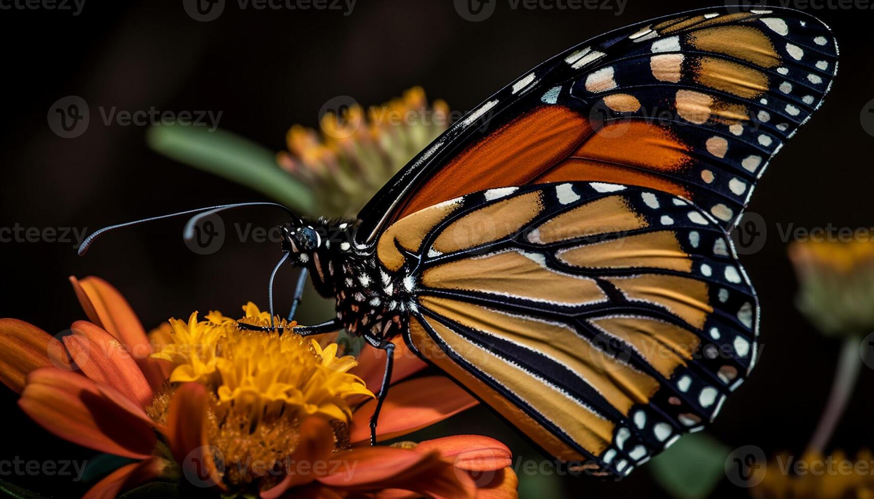 beschwingt farbig Monarch Schmetterling thront auf Blume generiert durch ai foto