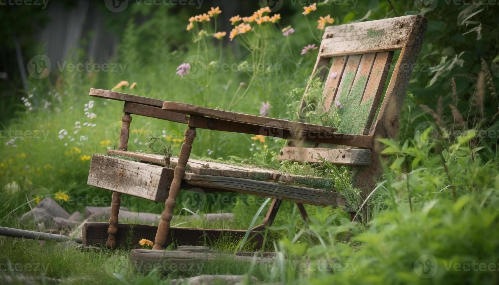 rustikal Stuhl im Wiese umgeben durch Natur generiert durch ai foto