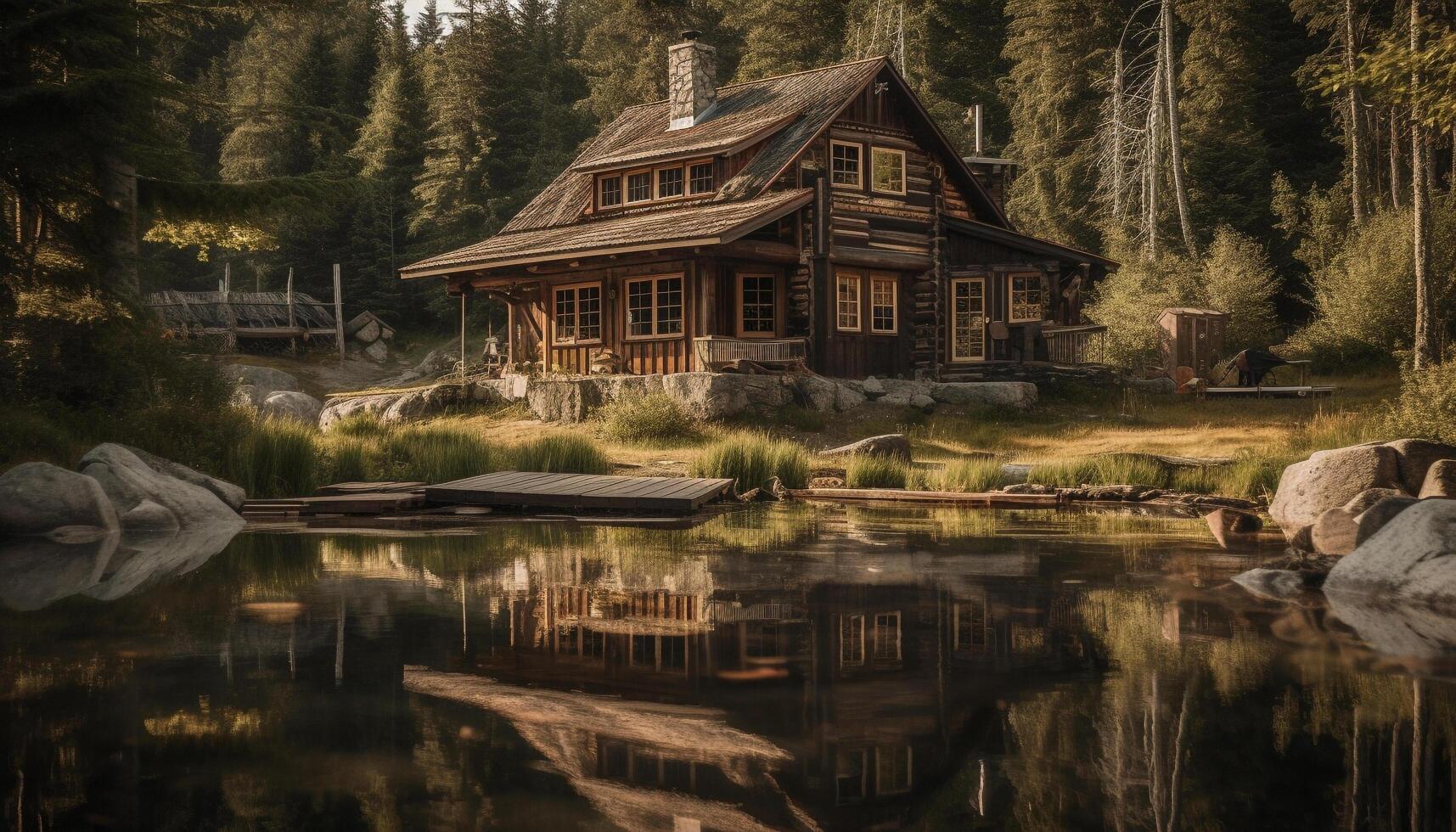 rustikal Hütte thront auf still Berg Angebot generiert durch ai foto