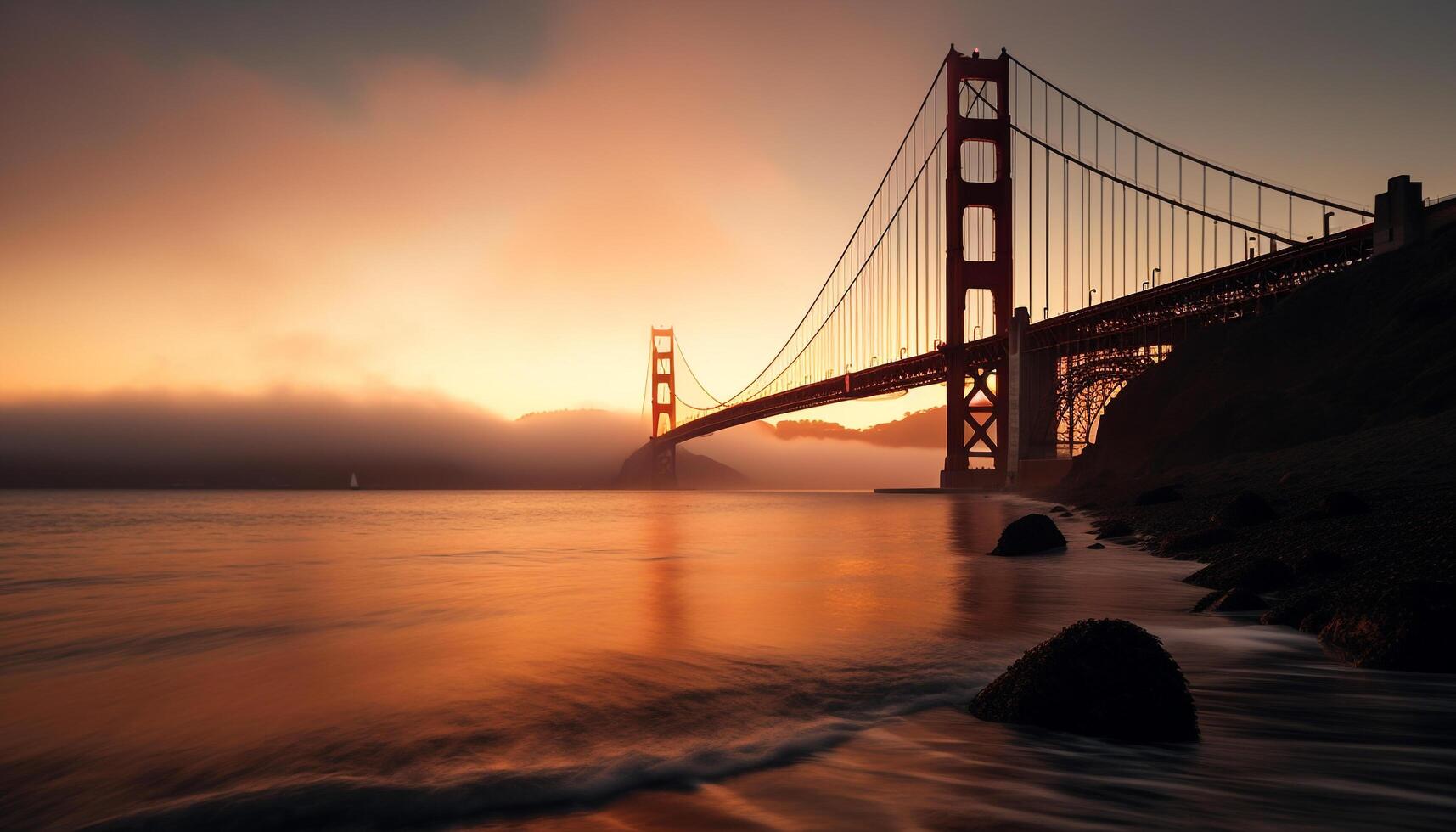 golden Suspension Brücke spiegelt auf still Wasser generiert durch ai foto