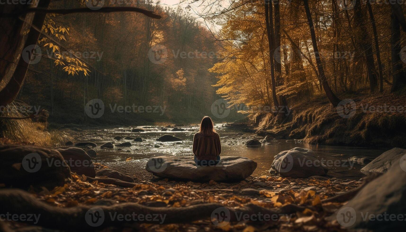 meditieren allein im heiter Wald Landschaft generiert durch ai foto
