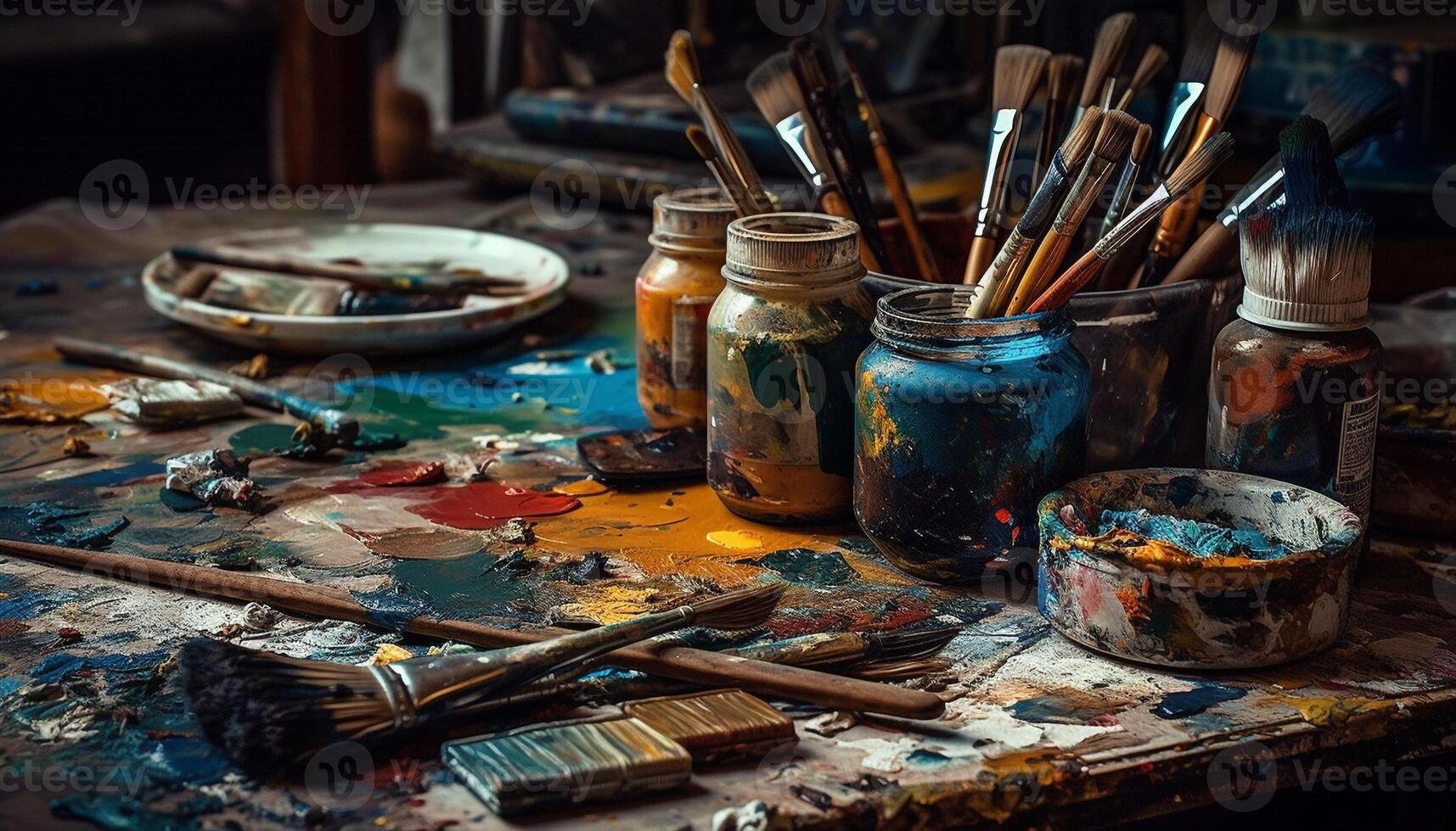 unordentlich Künstler Farben beschwingt Chaos drinnen unhygienisch Studio generiert durch ai foto