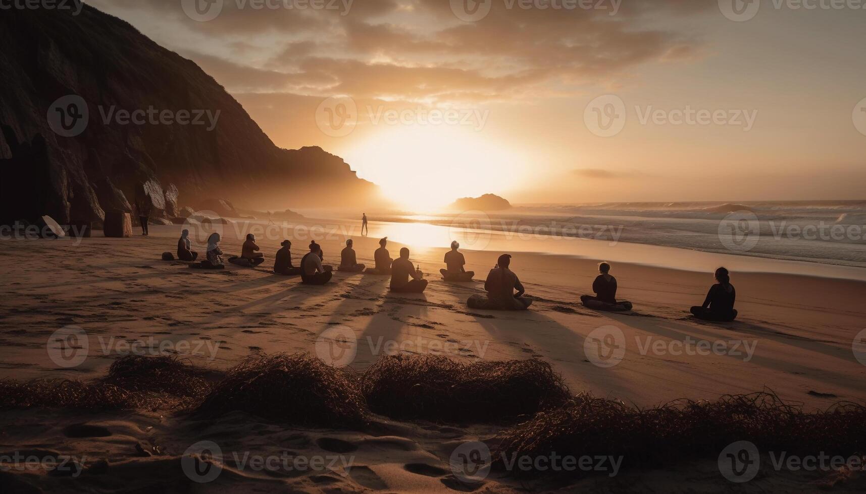 still Sonnenuntergang Über felsig Küste, Schönheit im Natur generiert durch ai foto