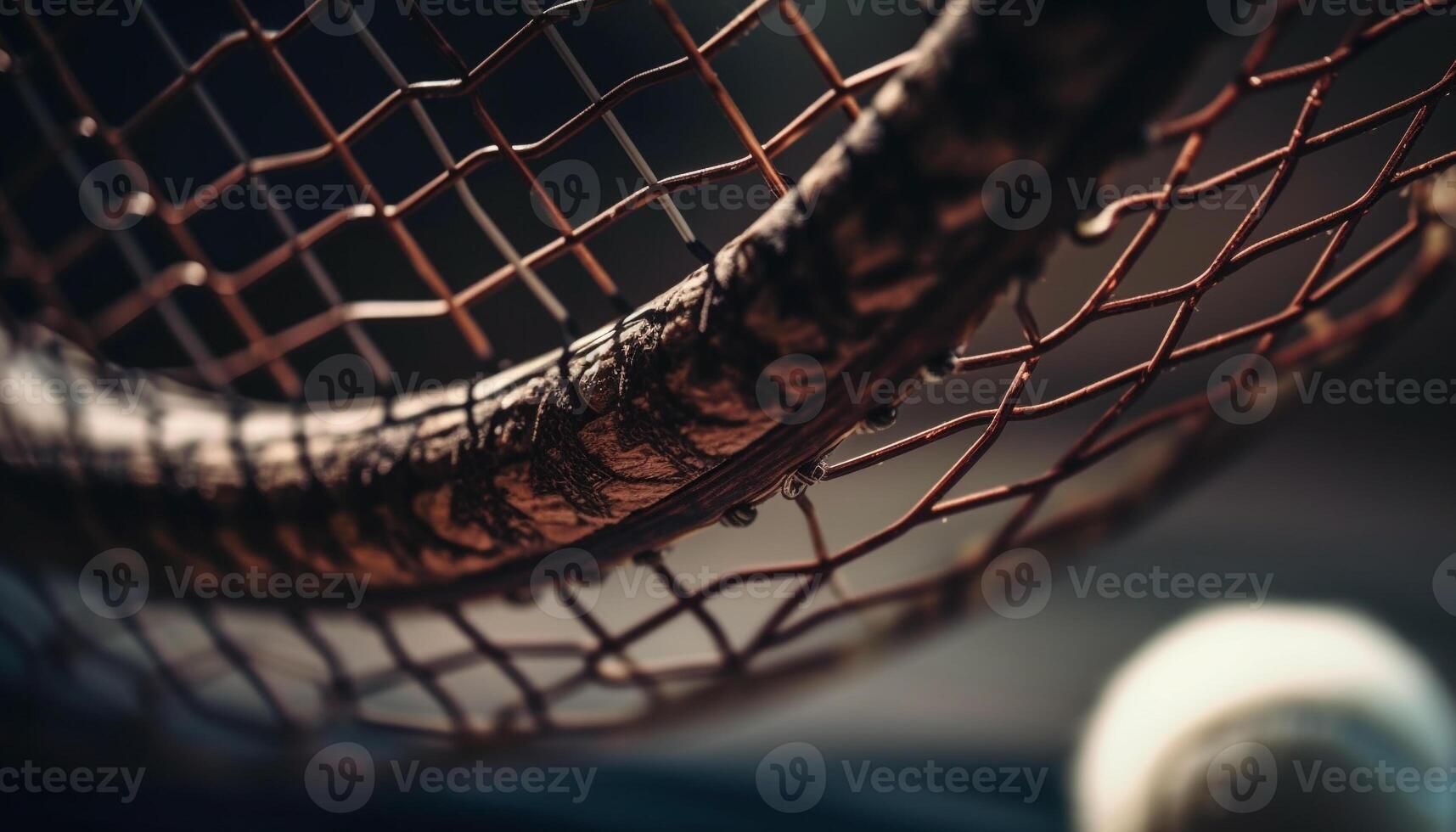 Blau Tennis Ball gefangen im Gelb Netz generiert durch ai foto