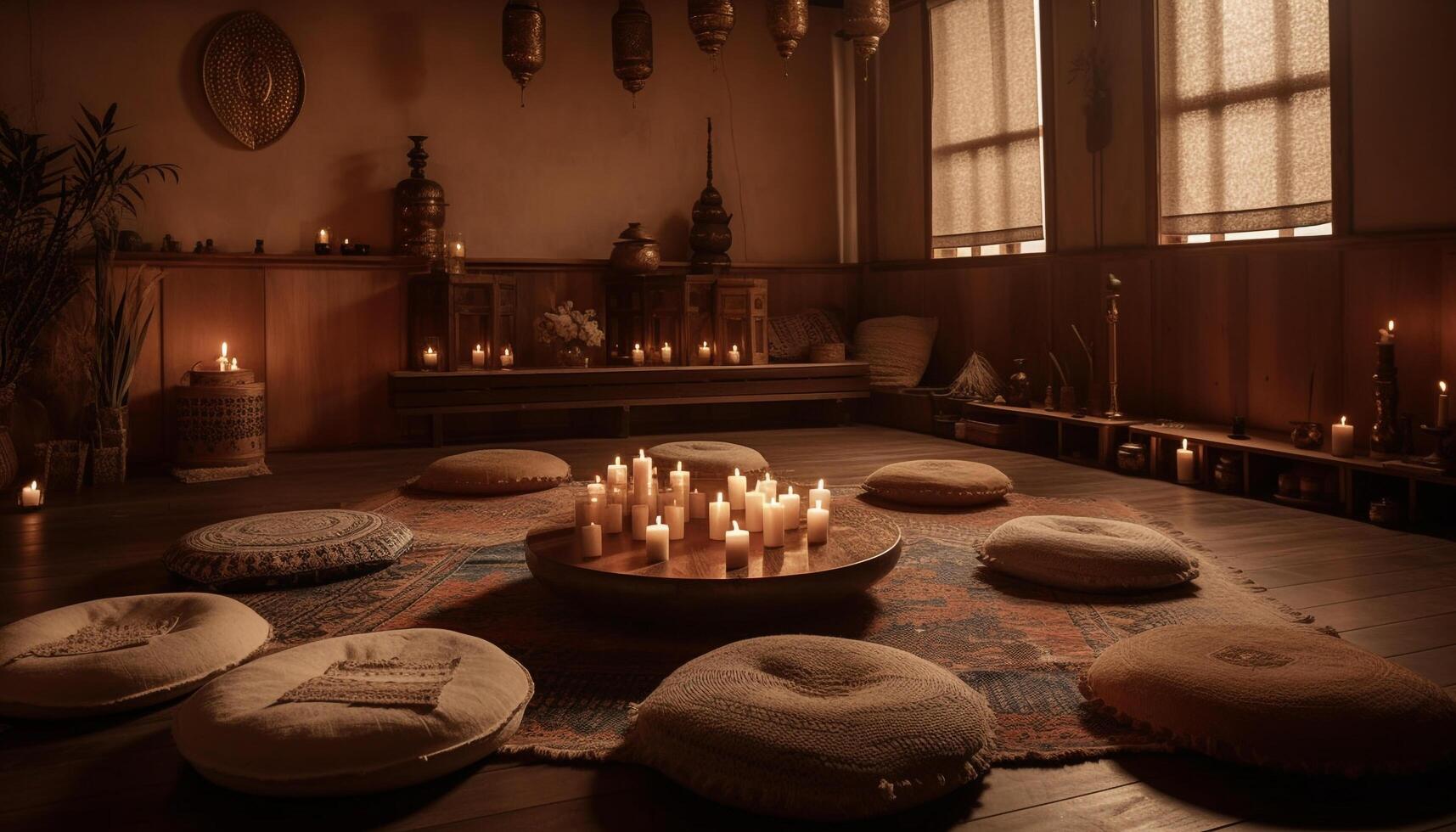 glühend Kerze leuchtet still Zimmer von Spiritualität generiert durch ai foto