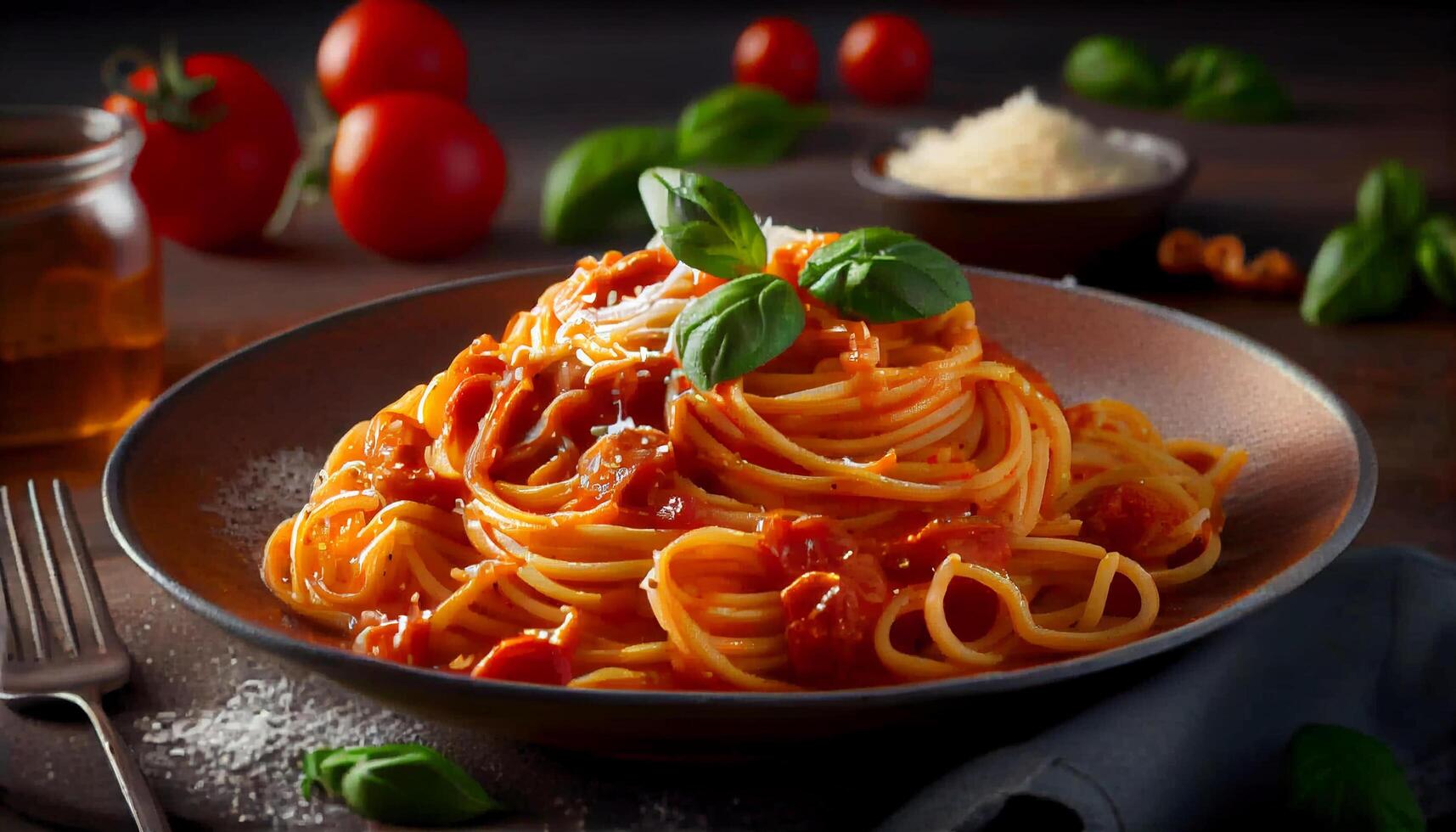 gesund Pasta Mahlzeit mit frisch Tomate Soße generiert durch ai foto