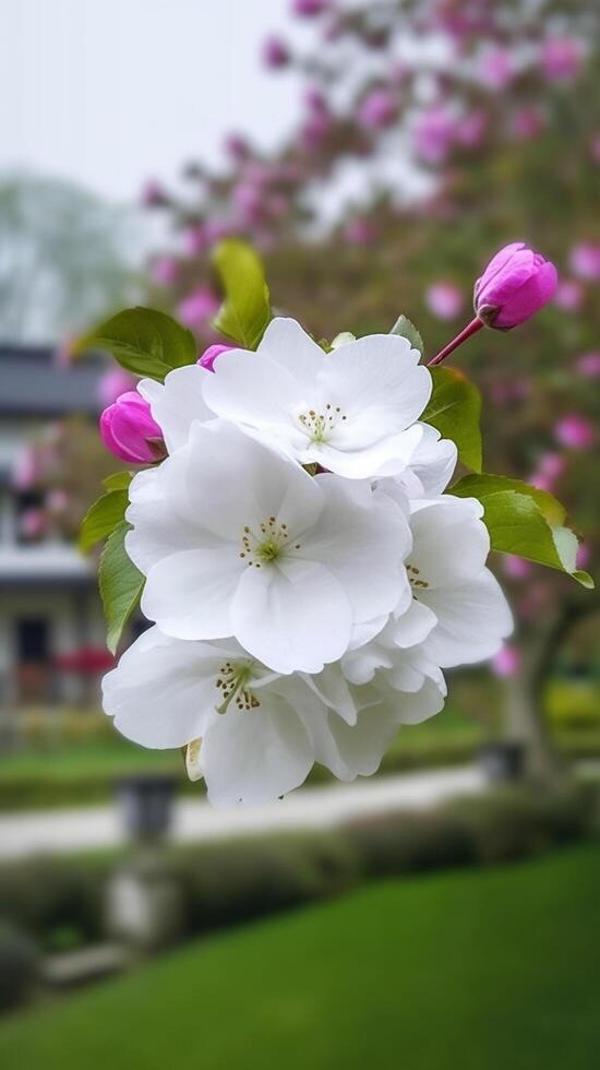 Weiß Blume mit Grün Hintergrund, echt klar Foto Chinesisch Suzhou Garten lila ai generiert