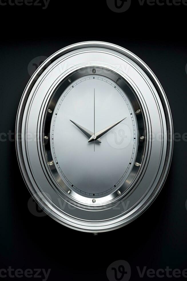 3d machen von Oval gestalten Silber Mauer Uhr auf schwarz Hintergrund. foto