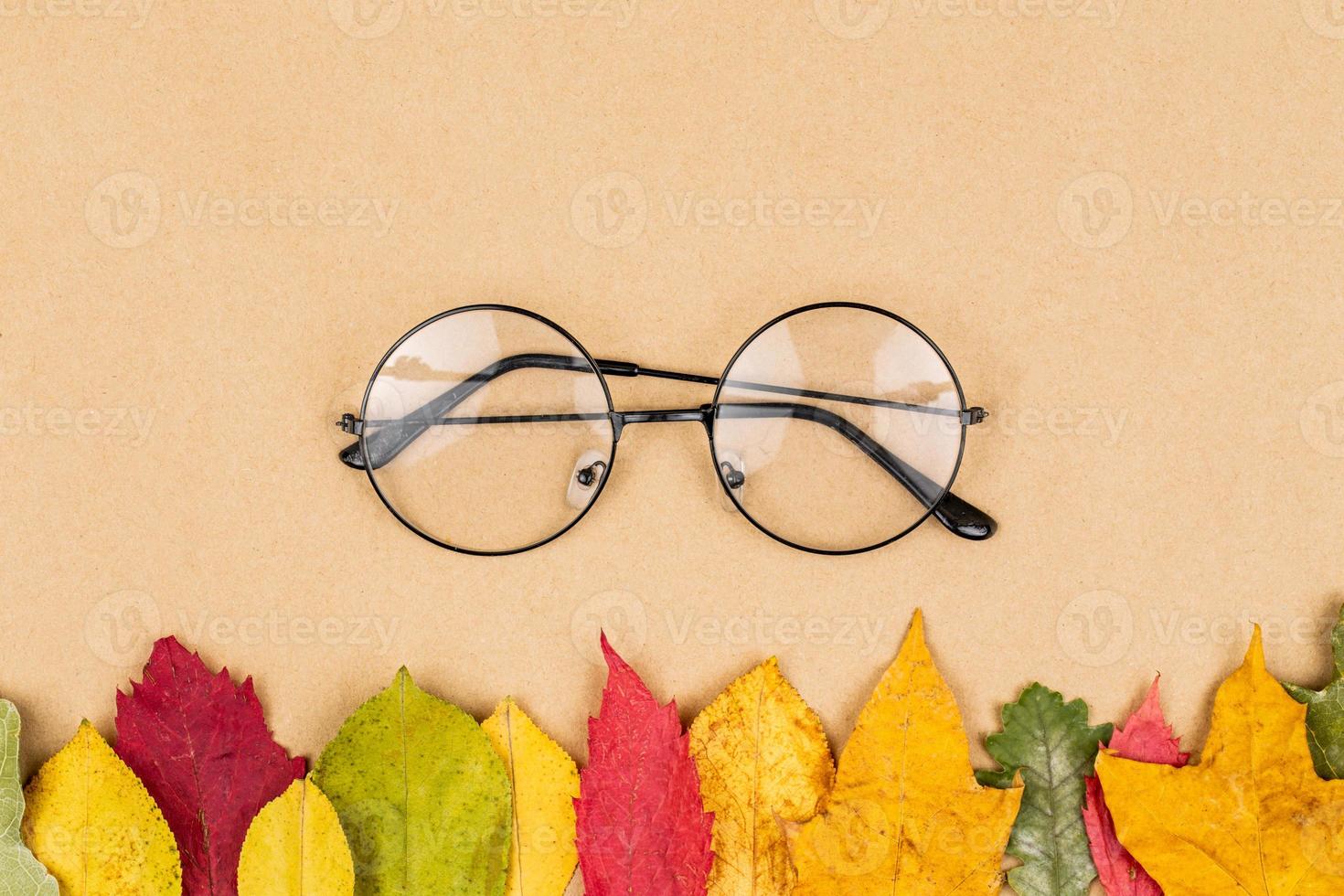 flach liegendes Foto mit Brille und trockenen Ahornblättern