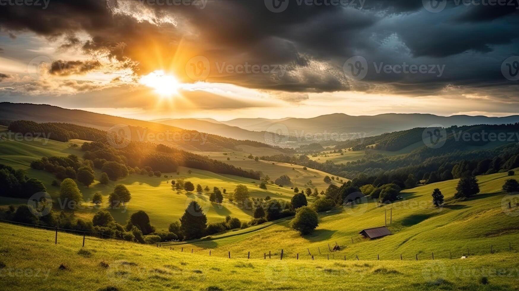 Berg Landschaft Landschaft beim Sonnenuntergang. dramatisch Himmel Über ein entfernt Schlucht. Grün Felder und Bäume auf hügel. schön natürlich Landschaften von das Karpaten generativ ai Variation 6 foto