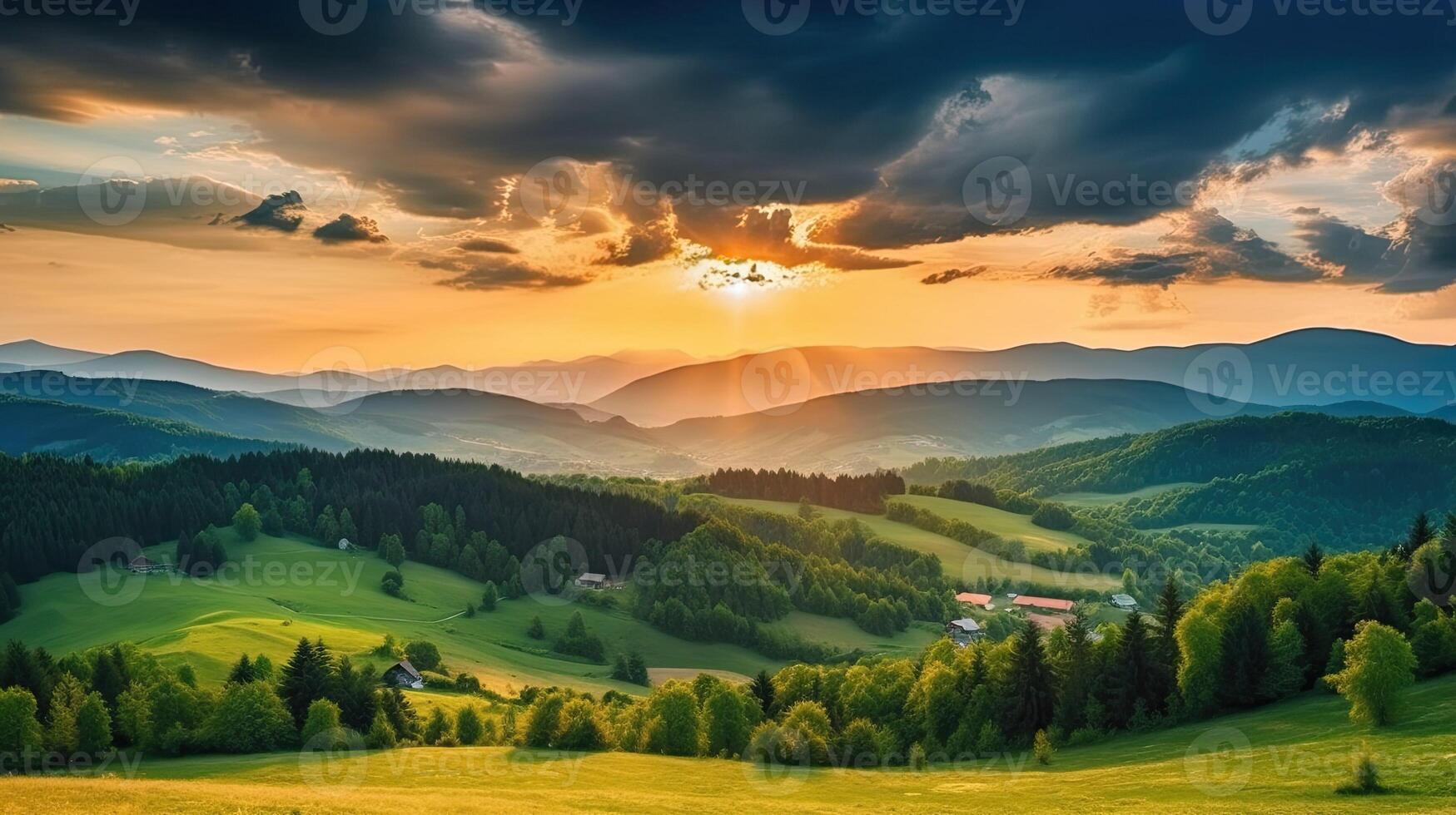 Berg Landschaft Landschaft beim Sonnenuntergang. dramatisch Himmel Über ein entfernt Schlucht. Grün Felder und Bäume auf hügel. schön natürlich Landschaften von das Karpaten generativ ai Variation 8 foto