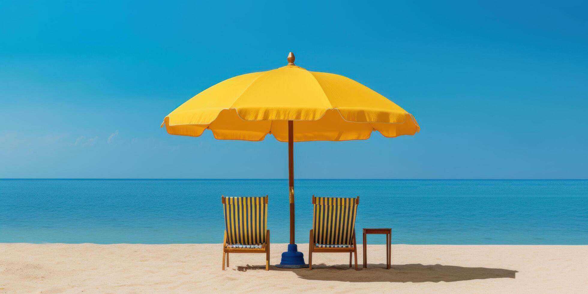 Gelb Regenschirm mit Strand Stühle auf tropisch Strand Blau Himmel Hintergrund. generativ ai foto