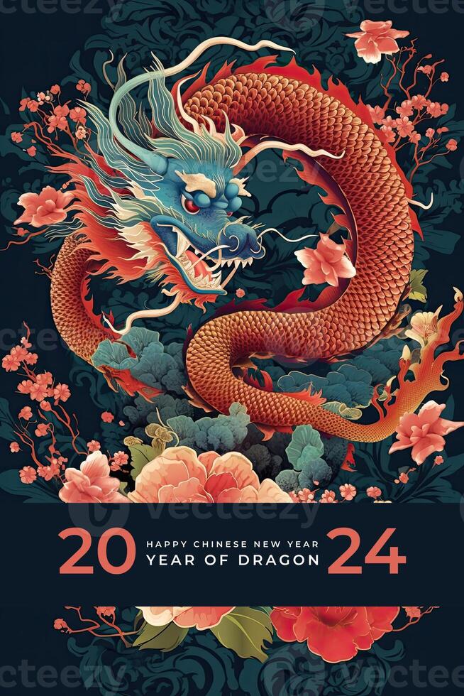 glücklich Chinesisch Neu Jahr Poster. 2024 Jahr von Drachen. Illustration ai generativ foto