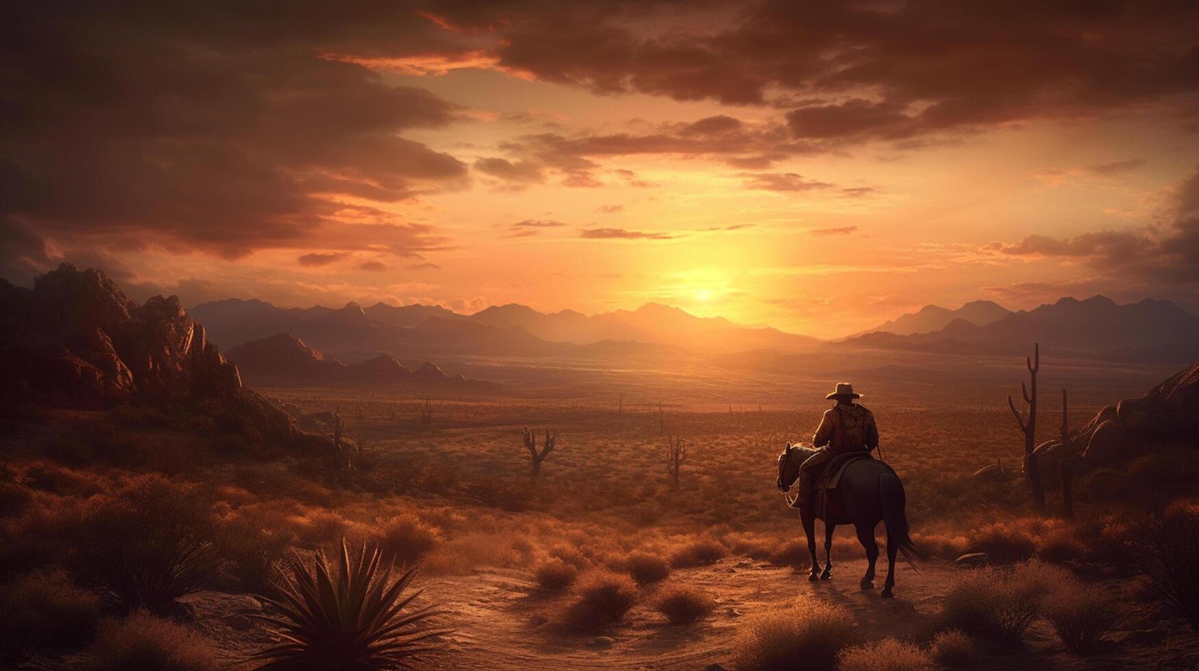 Cowboy Reiten ein Pferd im Wüste beim Sonnenuntergang, 3d Illustration generativ ai foto