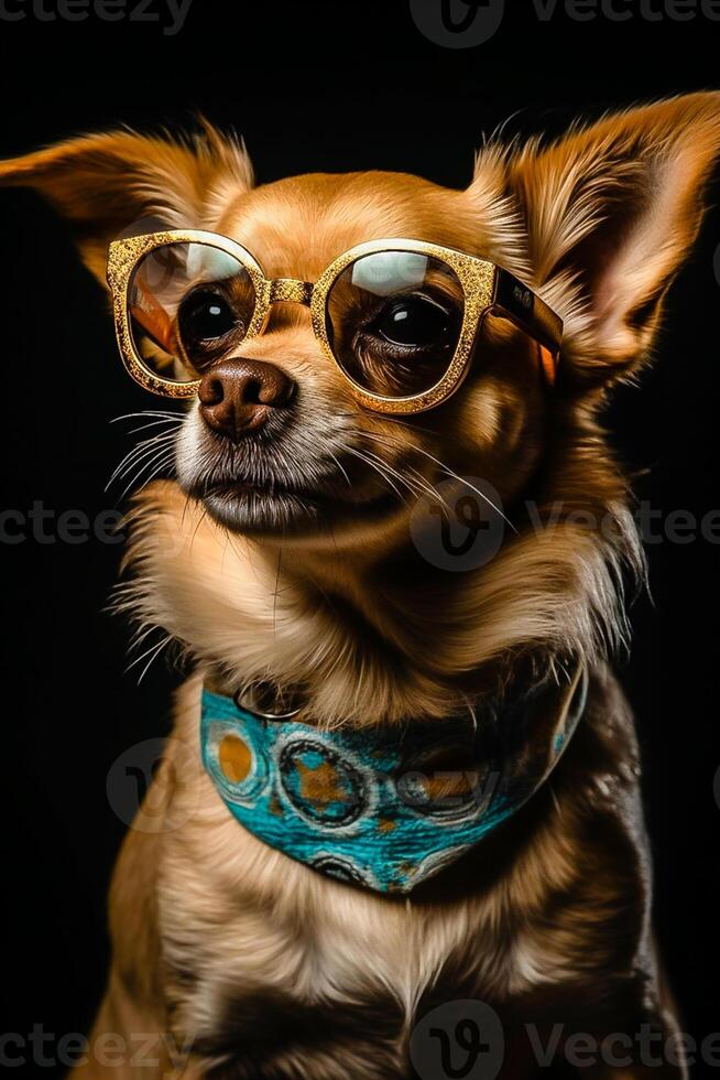 brutal Hund mit Brille auf ein schwarz Hintergrund im das Studio. das Bild war erstellt mit künstlich Intelligence.ai generiert foto