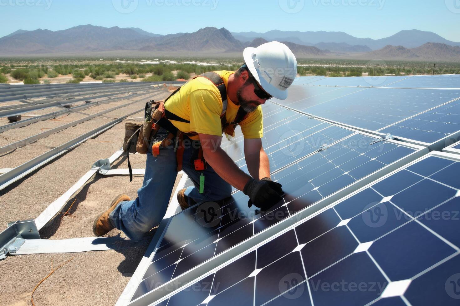 ein Techniker installiert ein Photovoltaik System erstellt mit generativ ai Technologie. foto