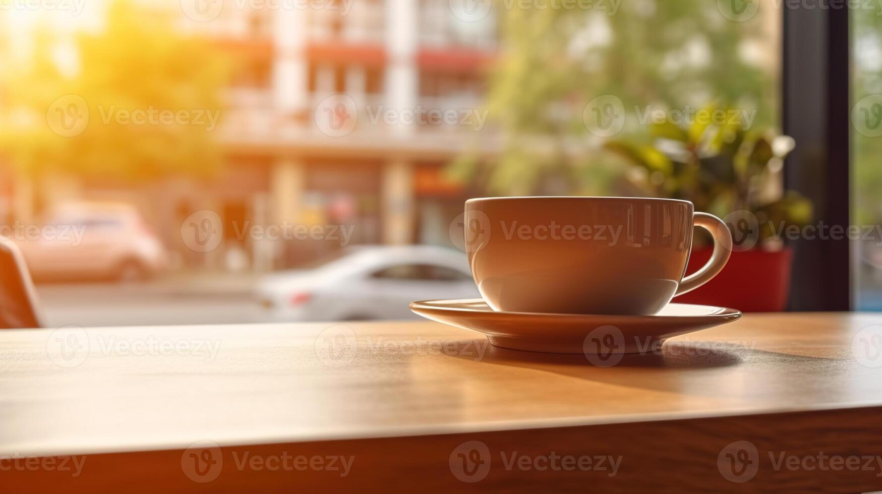 das Kaffee Tasse ist geschlossen oben auf ein hölzern Tabelle im das Kaffee Geschäft in der Nähe von das Fenster, beleuchtet durch warm Nachmittag Licht, und Dort ist Kopieren Raum verfügbar zum Inhalt und Banner, ai generativ foto