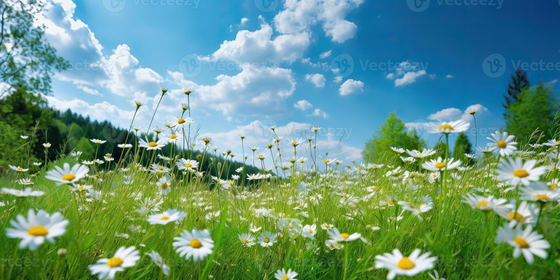 ai generiert. ai generativ. wild Gänseblümchen im das Gras mit ein Blau Himmel Foto realistisch Illustration. romantisch