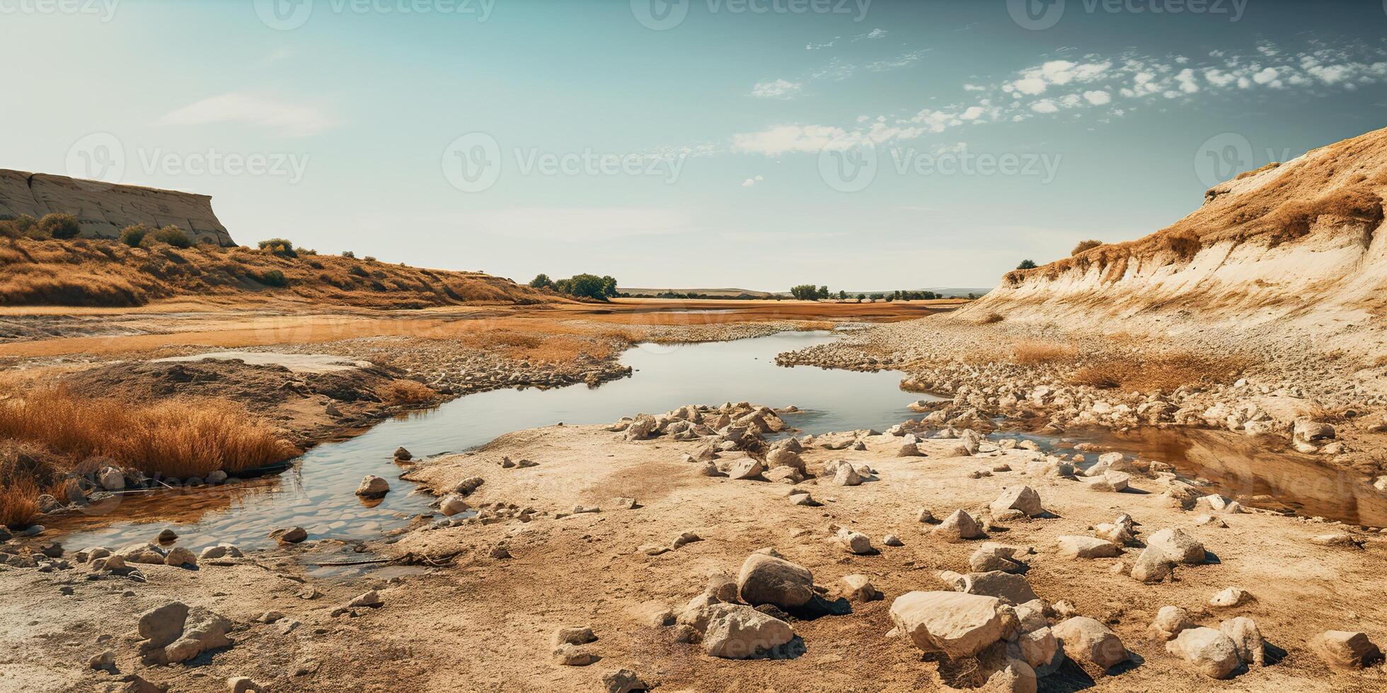 ai generiert. ai generativ. getrocknet See und Fluss auf heiß Nein Regen Sommer- Jahreszeit. Abenteuer wild draussen Natur Stimmung. Grafik Kunst foto