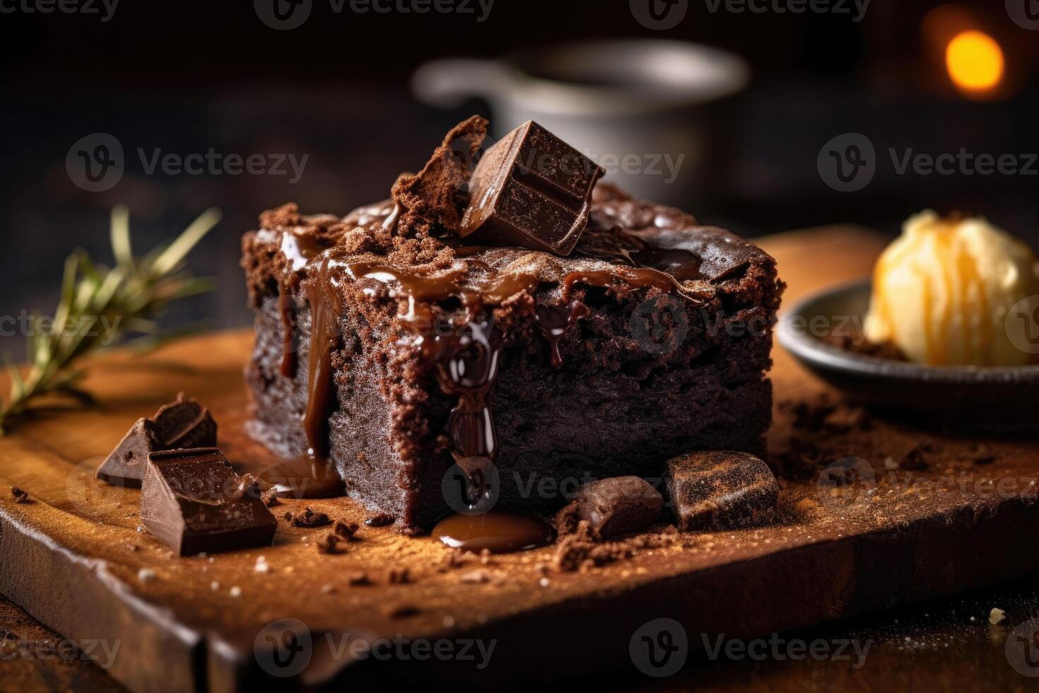 Schokolade Brownie Kuchen auf rustikal hölzern Tisch. Reich Schokolade Fudge mit klebrig Center. generativ ai foto