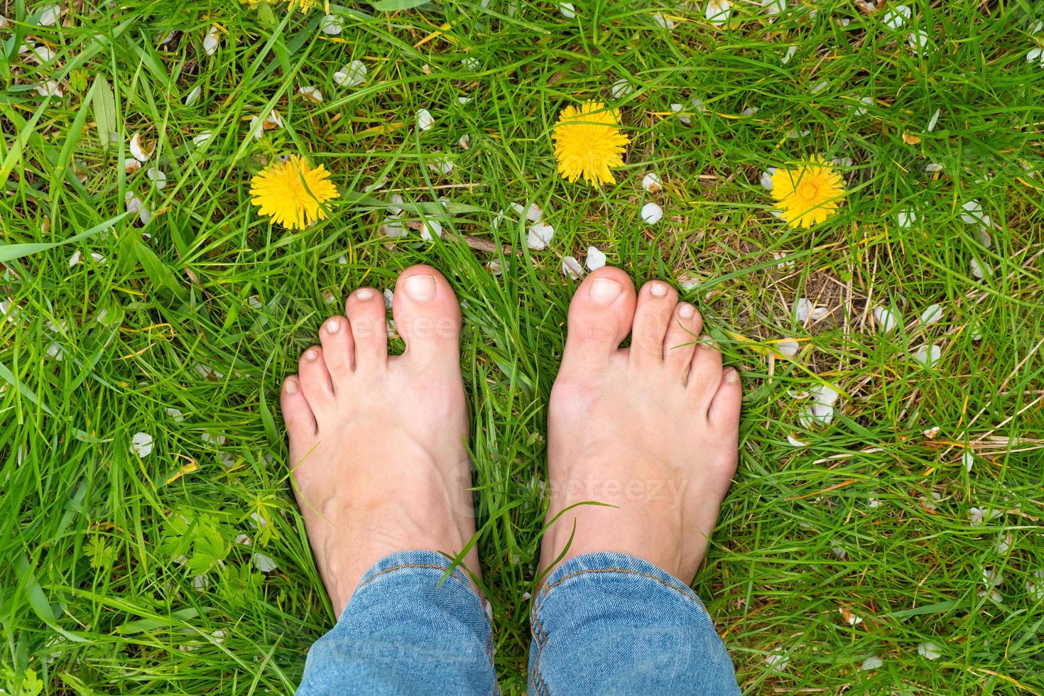 weibliche Füße auf dem grünen Gras unter Löwenzahn foto