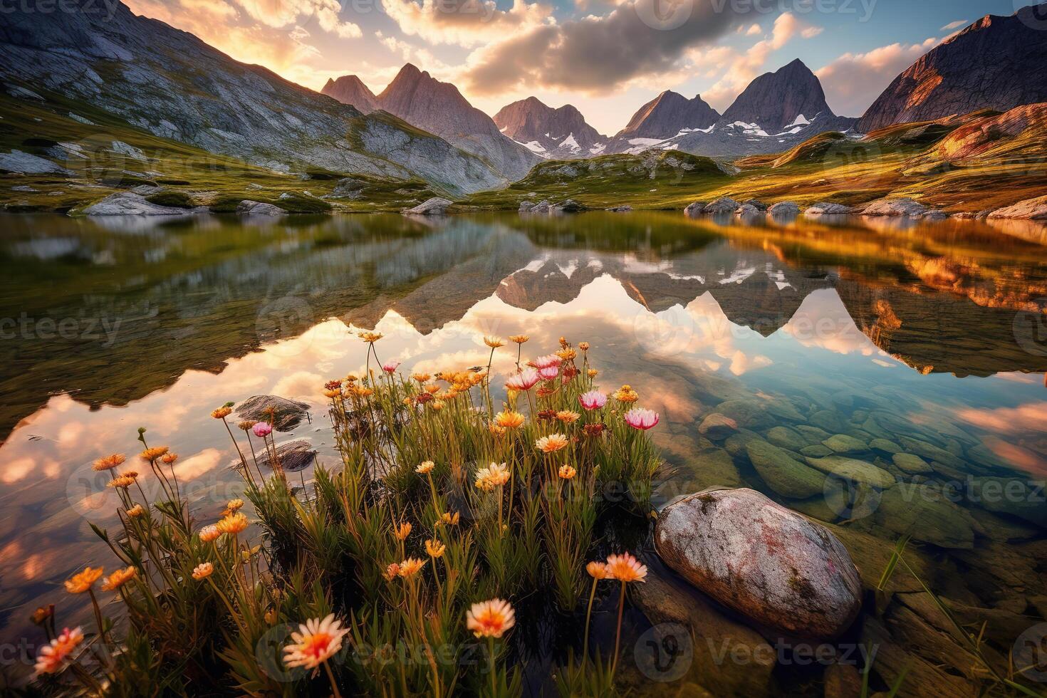 tolle immer noch Reflexionen beim See umgeben durch Berge erstellt mit generativ ai foto