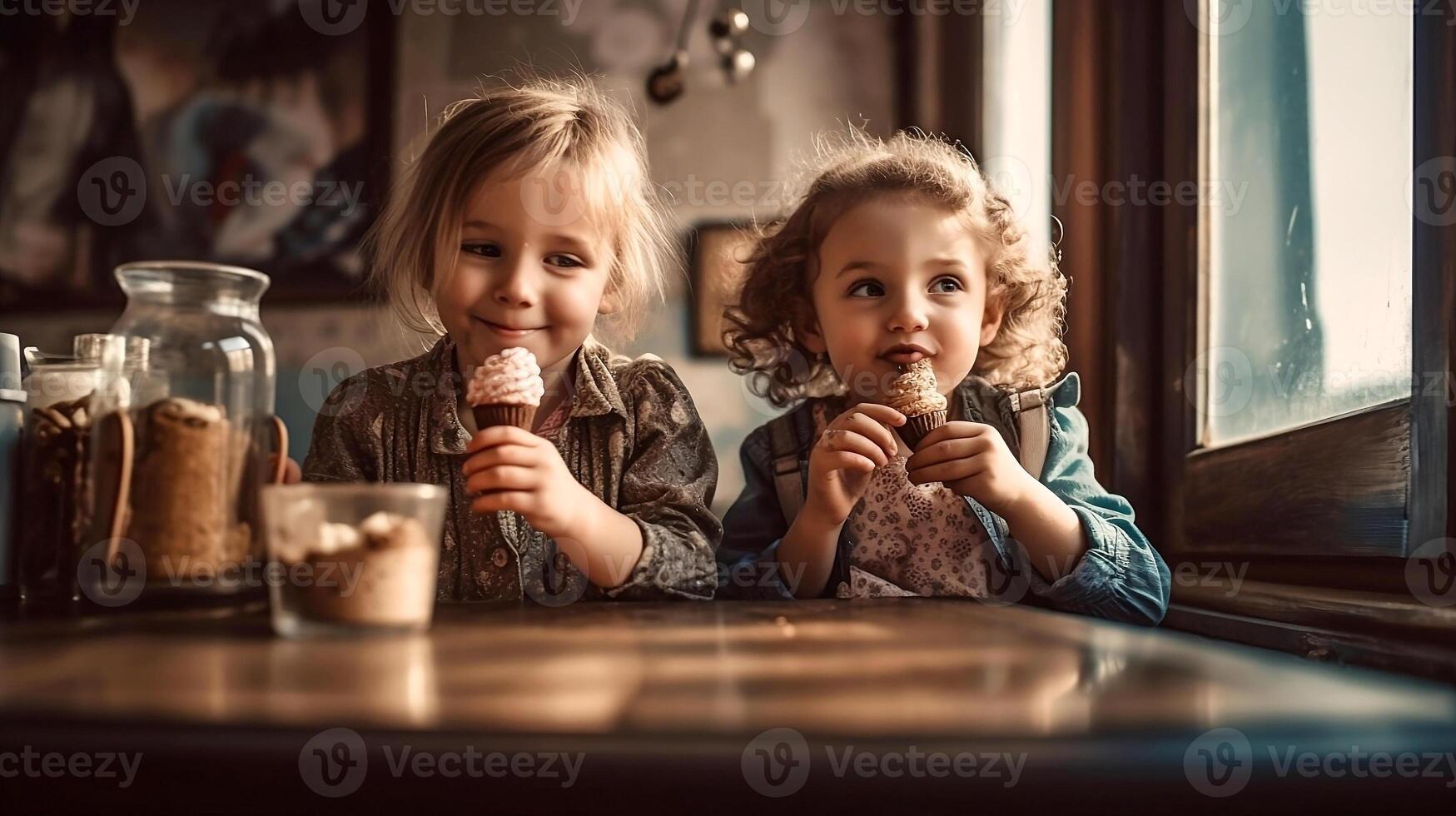 zwei wenig Mädchen Essen Eis Cremes im ein Cafe, ai generiert foto