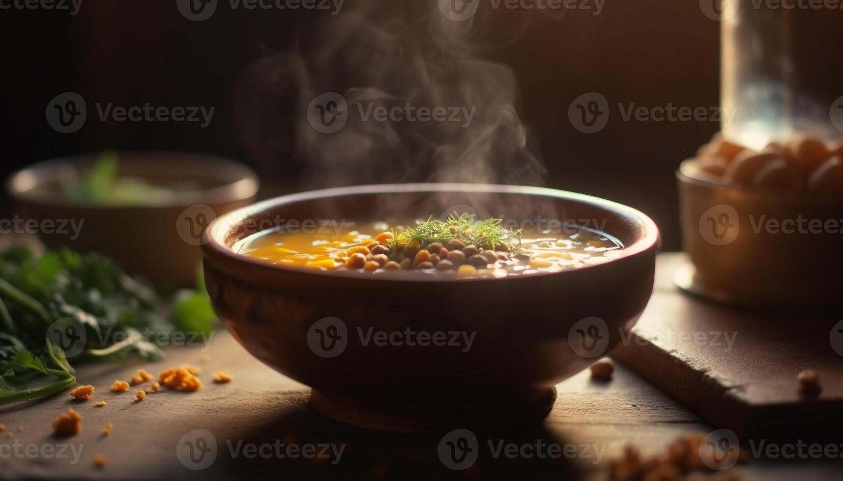 frisch gekocht Gemüse Suppe auf rustikal Tabelle generiert durch ai foto