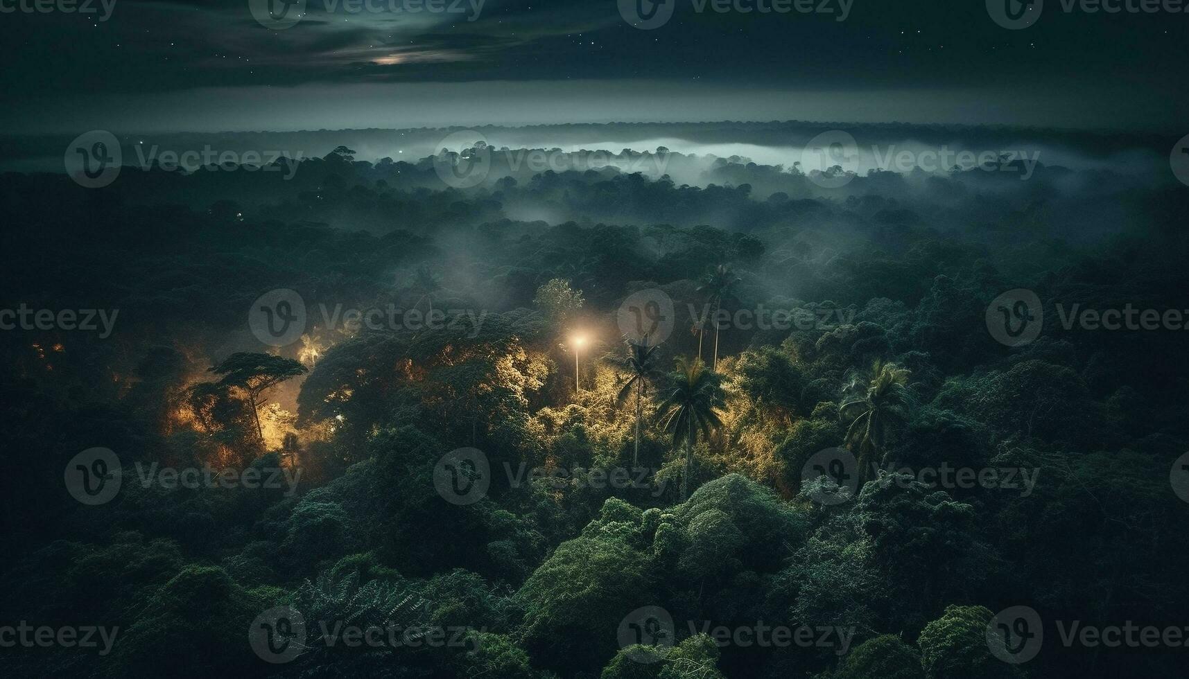 Geheimnis Wald beleuchtet durch Mondlicht und Nebel generiert durch ai foto
