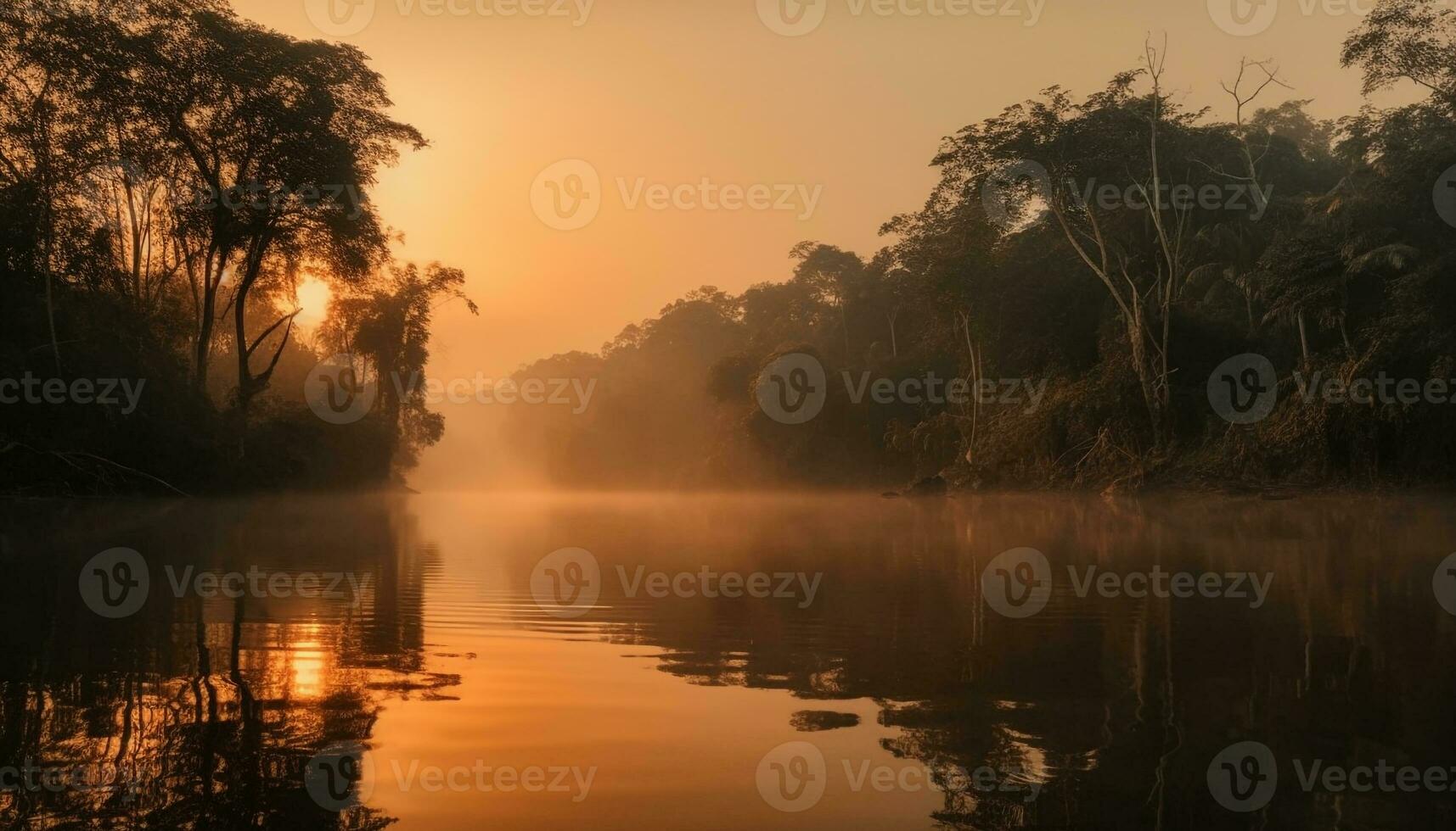 golden Sonne setzt, reflektieren auf still Teich generiert durch ai foto