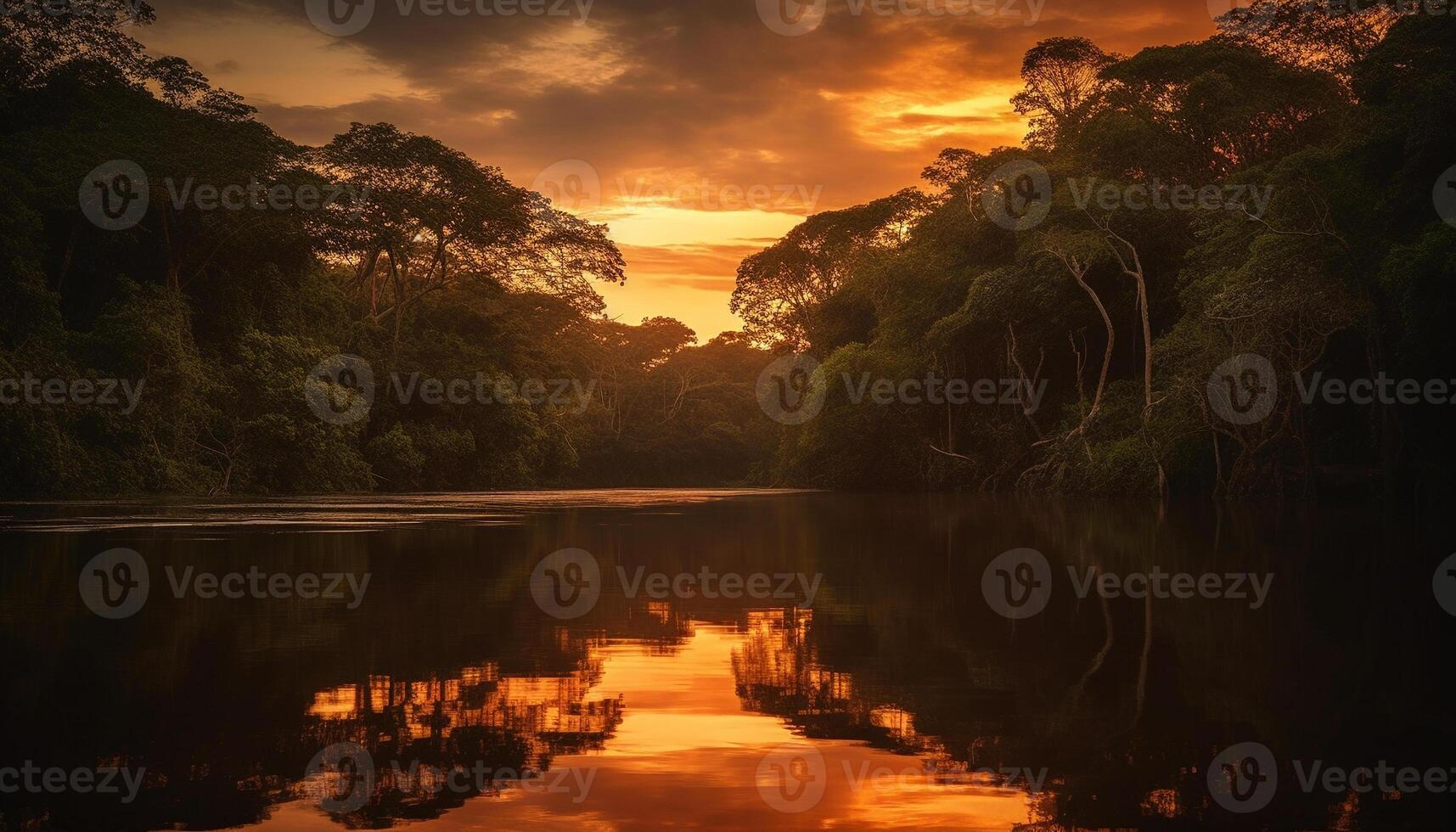 still Sonnenuntergang Über Wald spiegelt im Wasser generiert durch ai foto