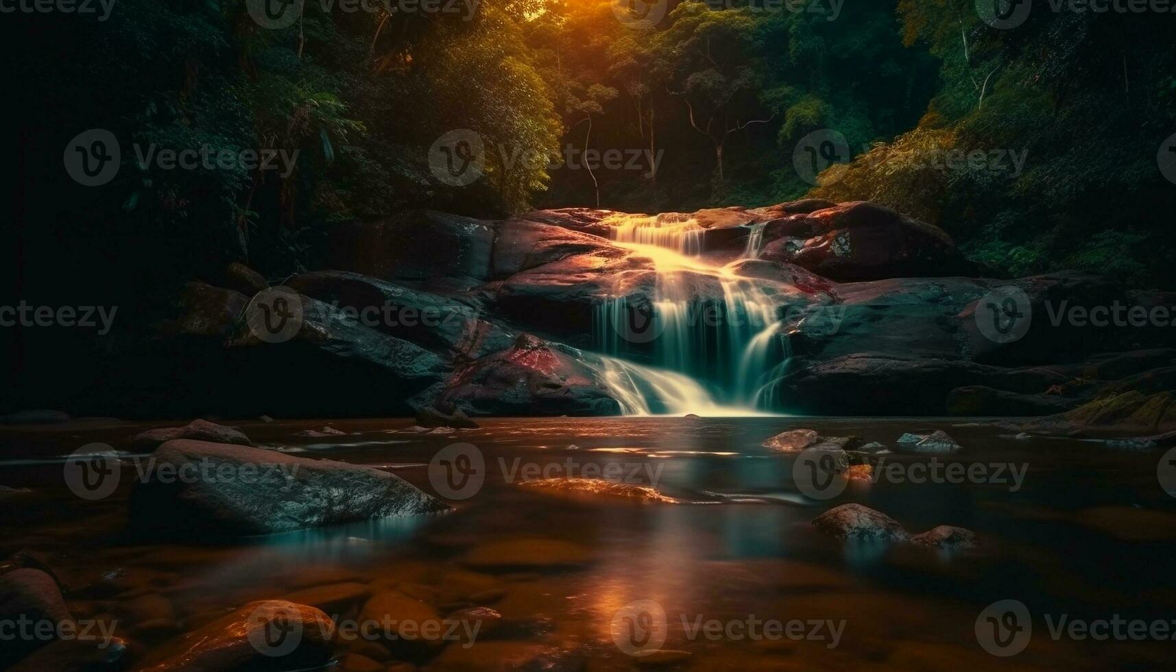 glatt Wasser fließend Über Felsen im Wald generiert durch ai foto