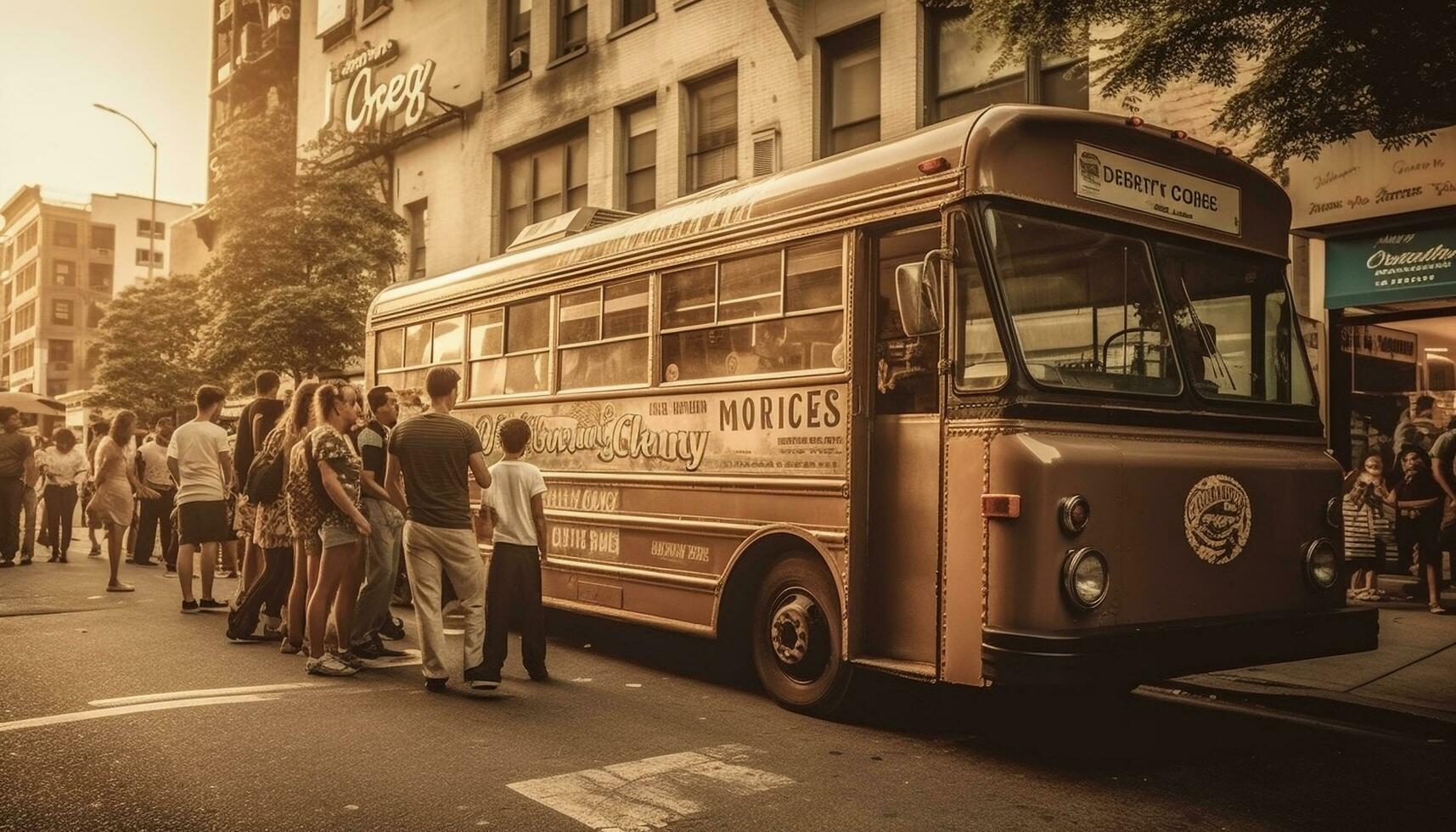 überfüllt doppelt Decker Bus eilt durch Stadt der Verkehr generiert durch ai foto