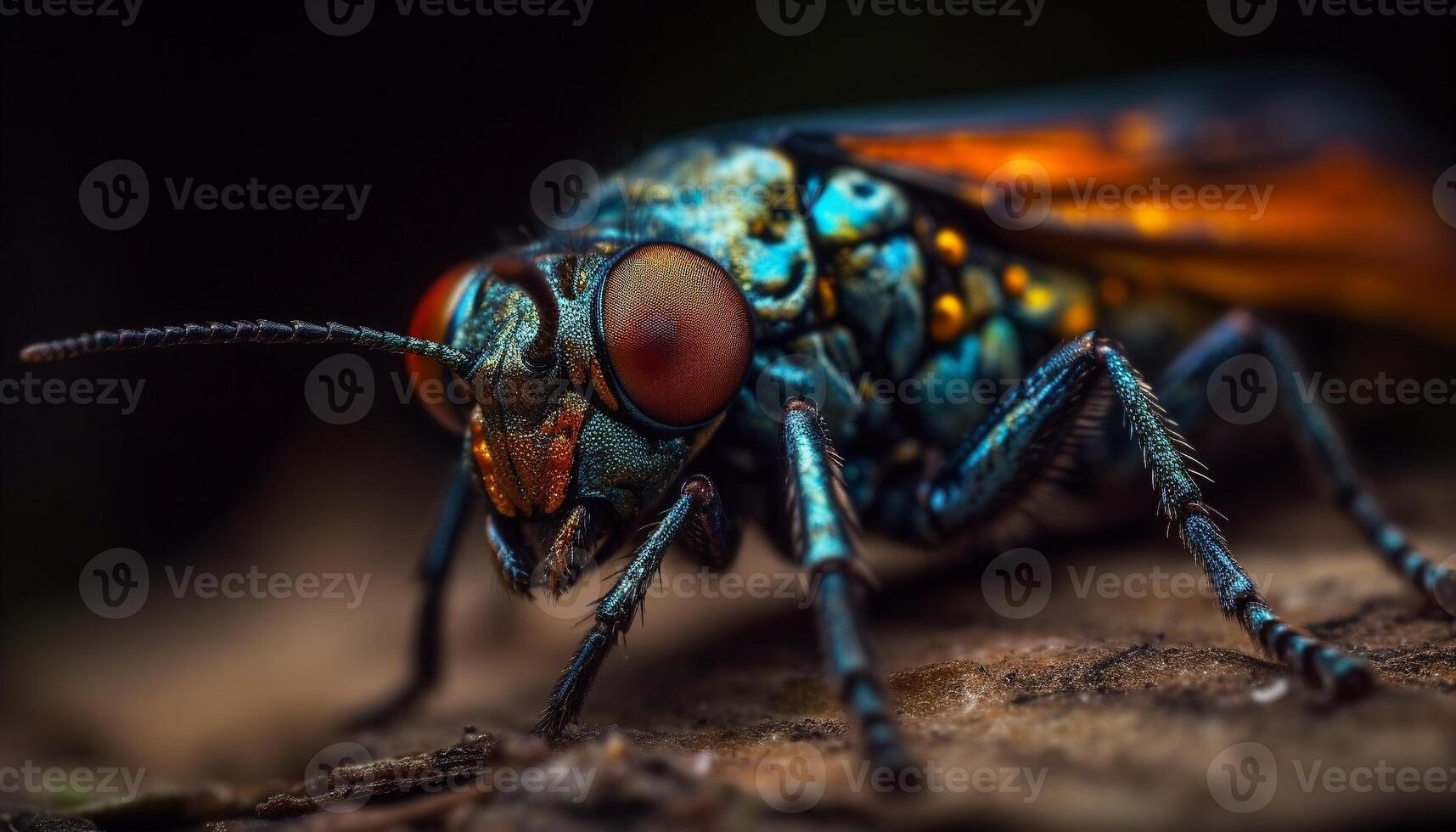 klein Stubenfliege behaart Bein auf Grün Blatt generiert durch ai foto