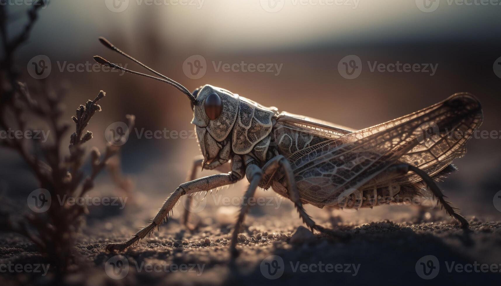 gespenstisch Heuschrecke Sitzung auf Blatt, selektiv Fokus generiert durch ai foto