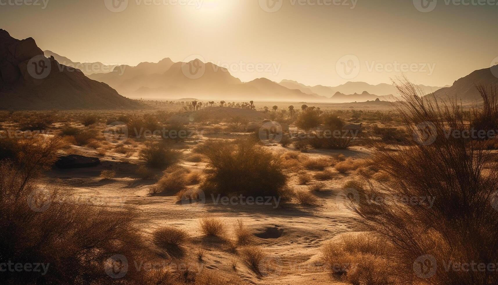 Sonnenaufgang Über trocken Berg Bereich, staubig Wildnis Abenteuer generiert durch ai foto