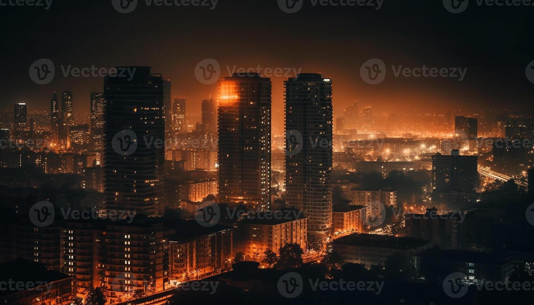 glühend Stadtbild beim Dämmerung, modern die Architektur beleuchtet generiert durch ai foto