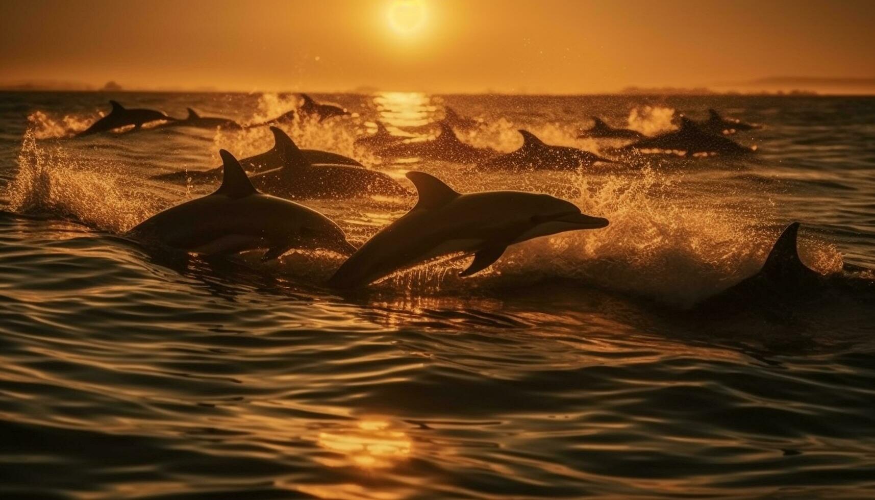 spielerisch Delfine Springen im das Sonnenuntergang Meer generiert durch ai foto