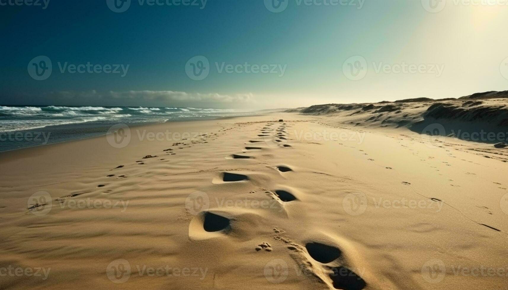 Sonnenuntergang Über wellig Sand Dünen, still Schönheit generativ ai foto