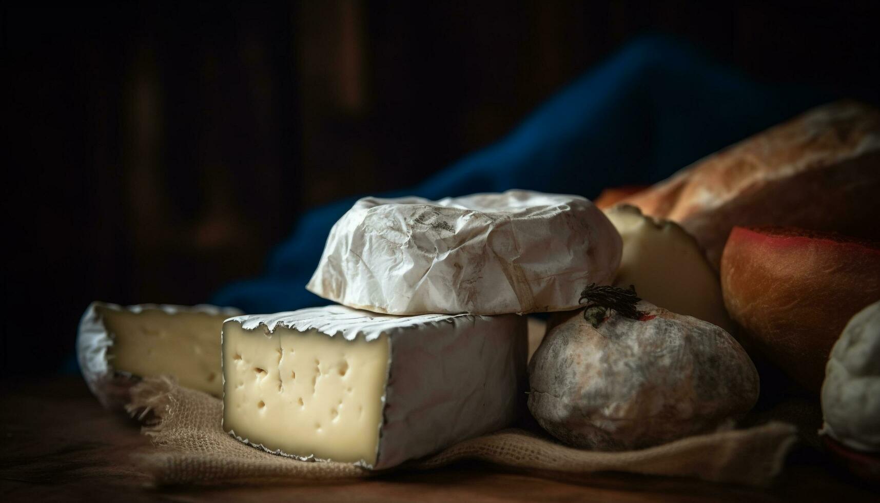 Gourmet Französisch Camembert, Brie, und Brot Snack generiert durch ai foto