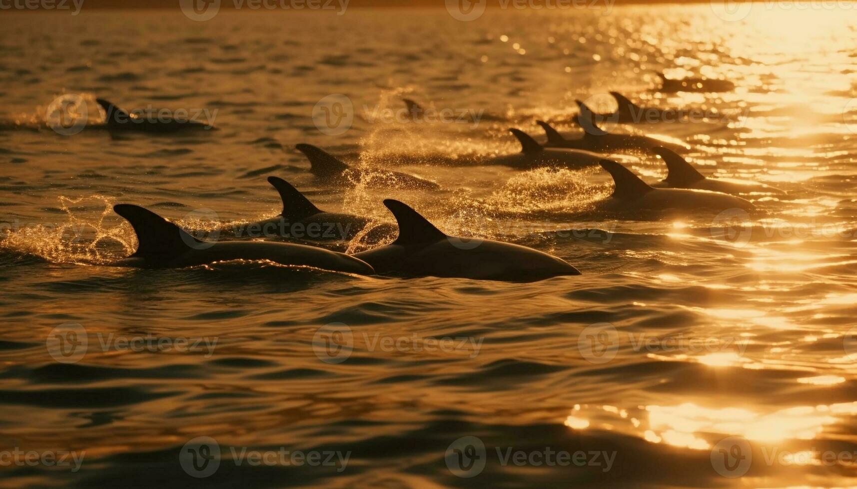 spielerisch Delfine schwimmen im das still Meer generiert durch ai foto