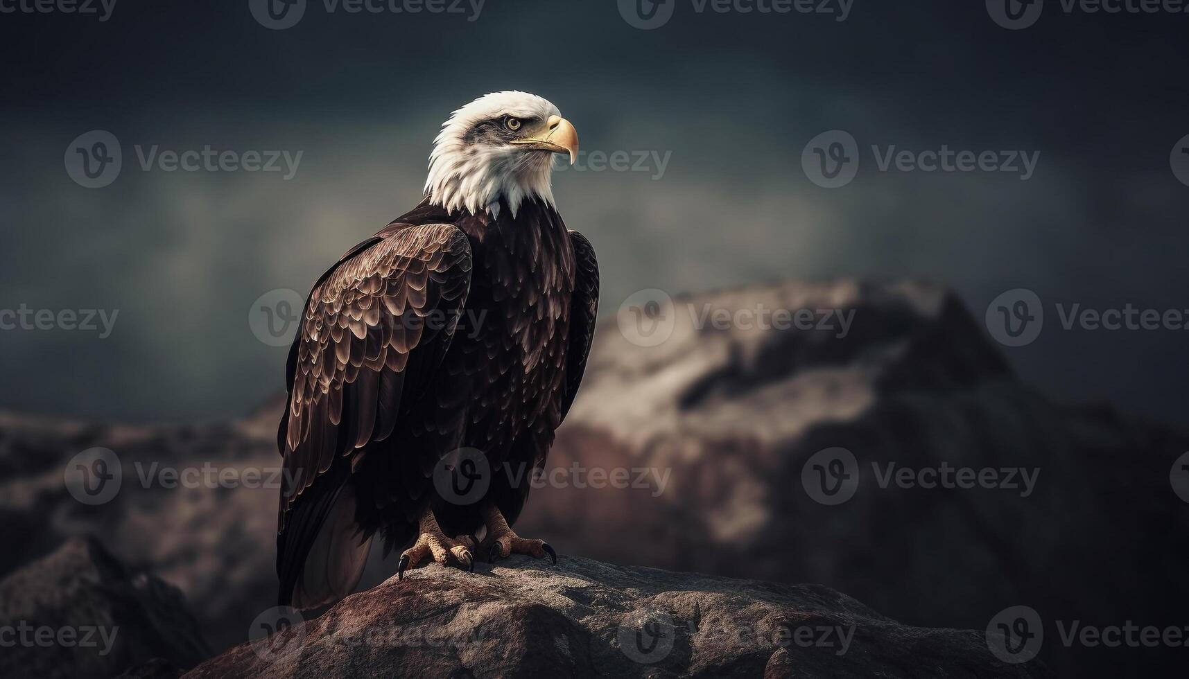 majestätisch kahl Adler sich niederlassen auf Felsen draußen generiert durch ai foto