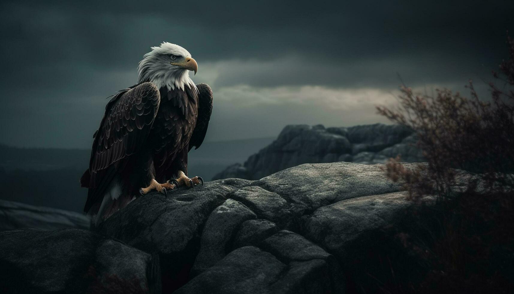 majestätisch kahl Adler sich niederlassen auf Berg Cliff generiert durch ai foto