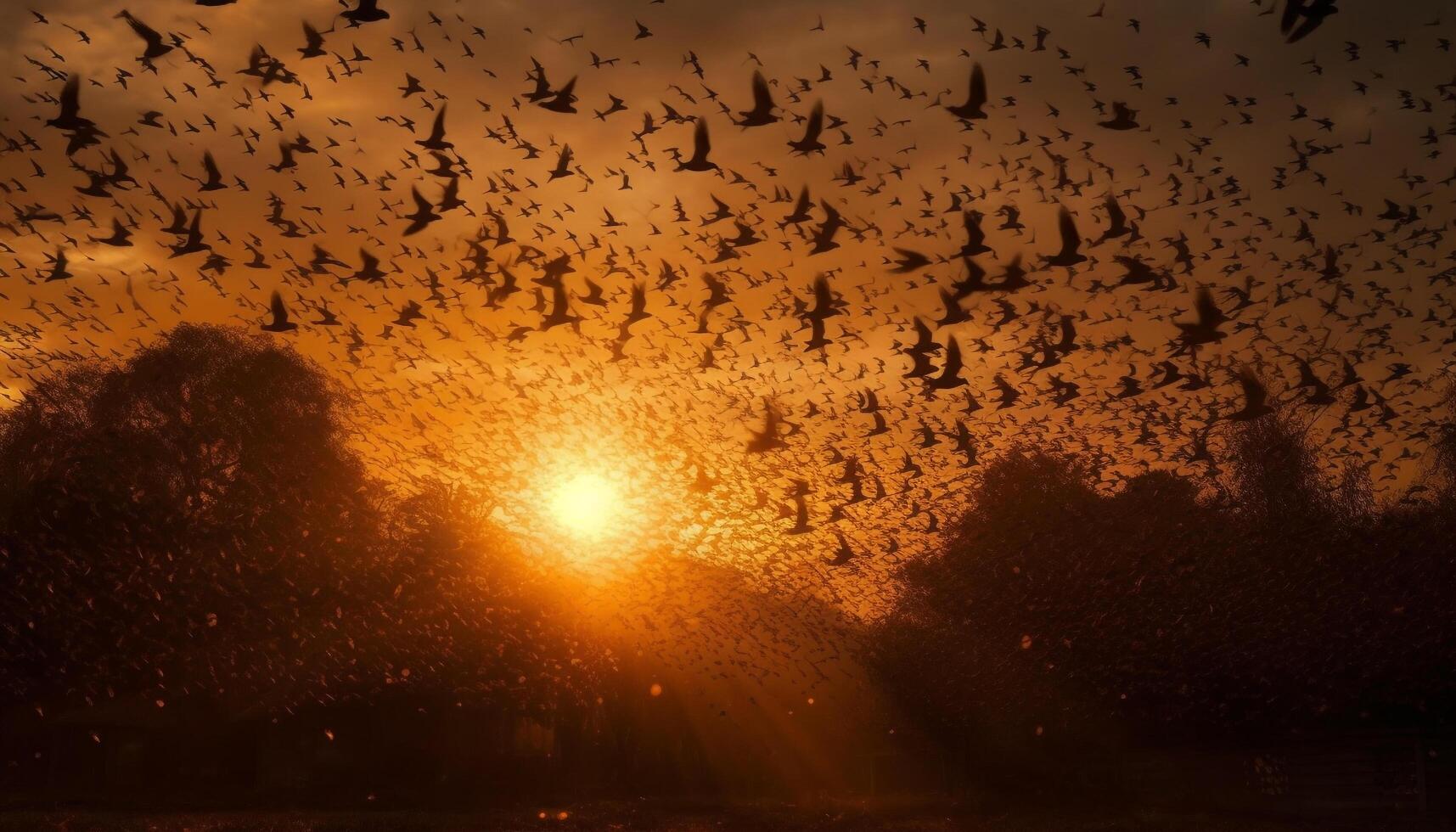 Silhouette von Tiere fliegend Mitte Luft beim Sonnenuntergang generiert durch ai foto