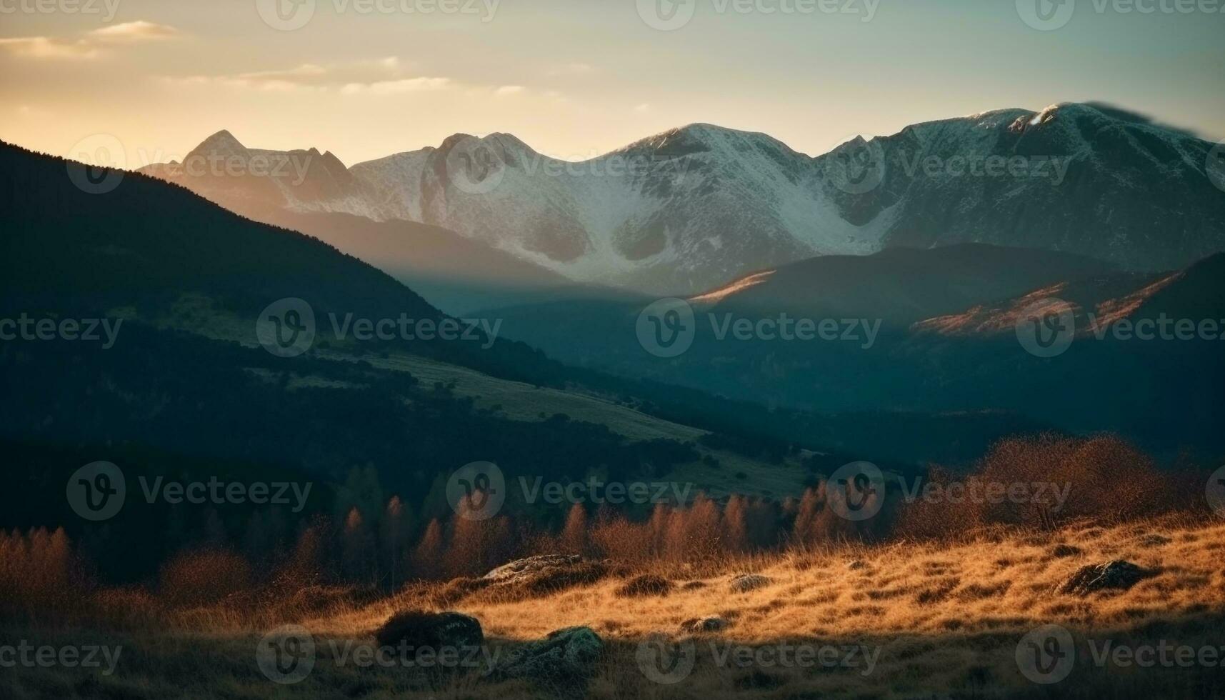 majestätisch Berg Gipfel, still Wiese, heiter Sonnenaufgang generiert durch ai foto