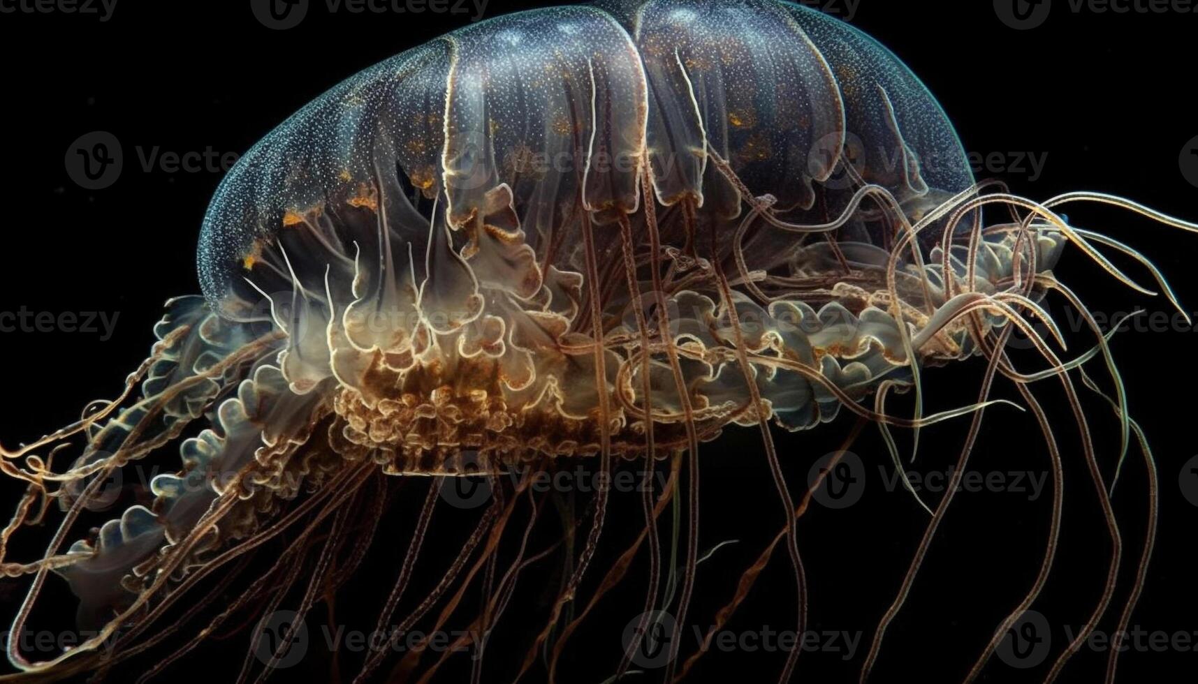 glühend cnidarian schwebt im dunkel unter Wasser Raum generiert durch ai foto