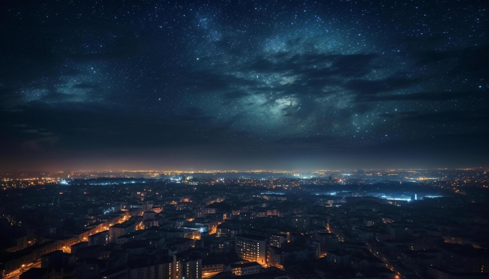 milchig Weg leuchtet über Stadt Horizont beim Nacht generiert durch ai foto