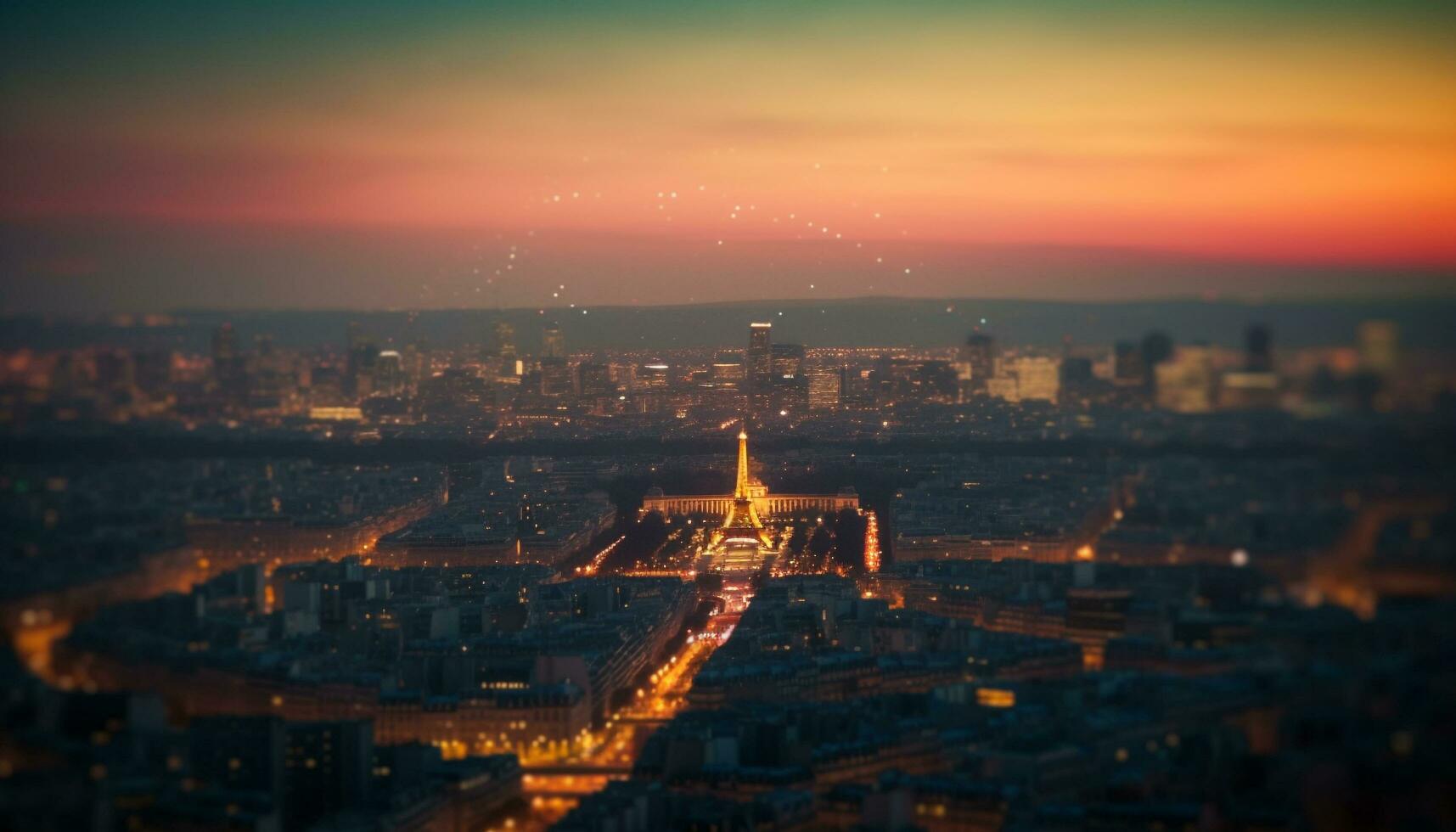 beleuchtet Stadt Horizont beim Dämmerung, berühmt Wahrzeichen generiert durch ai foto
