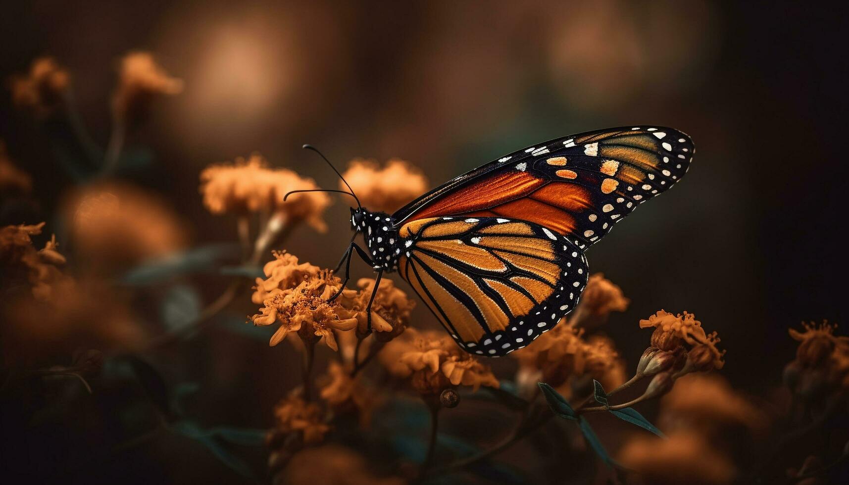 das Monarch Schmetterling beschwingt Flügel Fang Sonnenlicht generiert durch ai foto